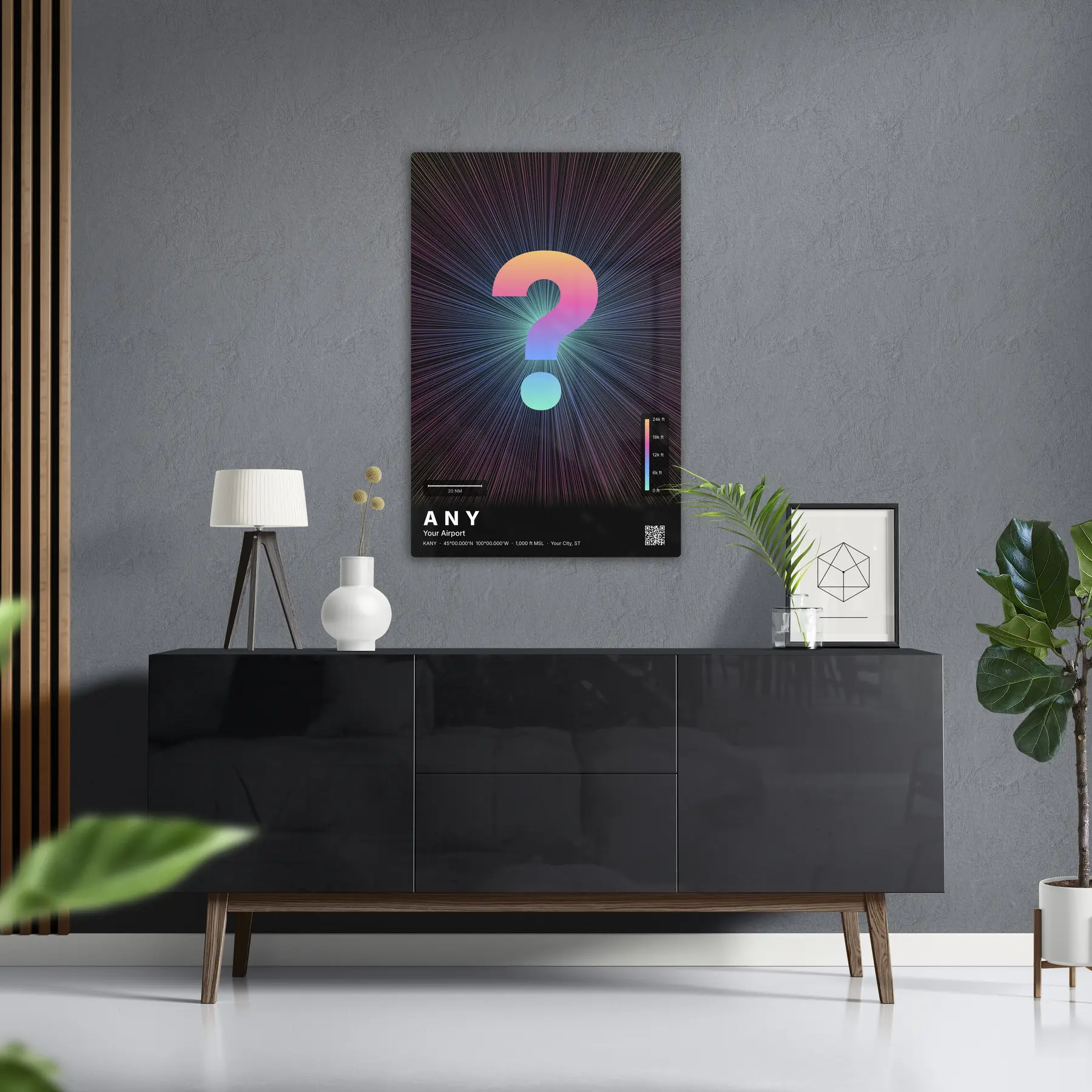 Custom airport print — Aurora theme · Dark in foyer setting