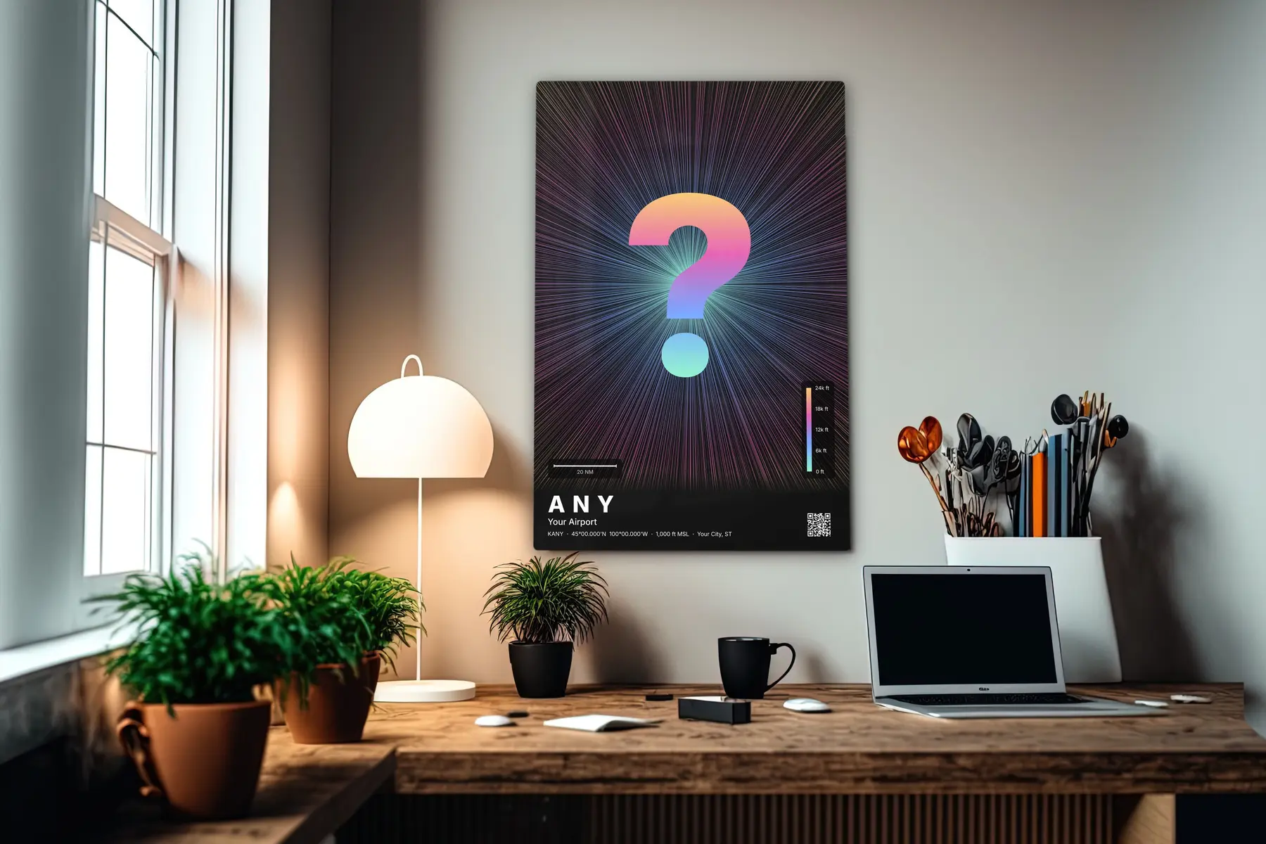 Custom airport print — Aurora theme · Dark in office setting
