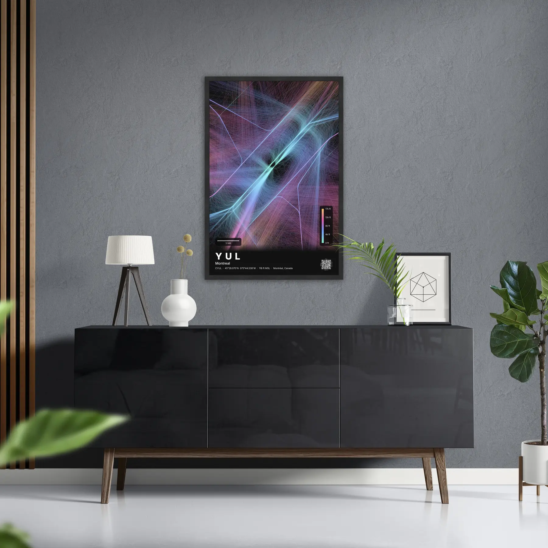 YUL flight path map — Aurora theme · Dark in foyer setting