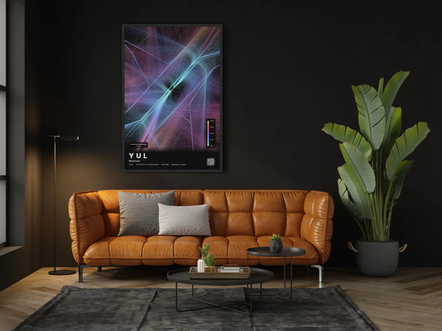 YUL flight path map — Aurora theme · Dark in living-room setting