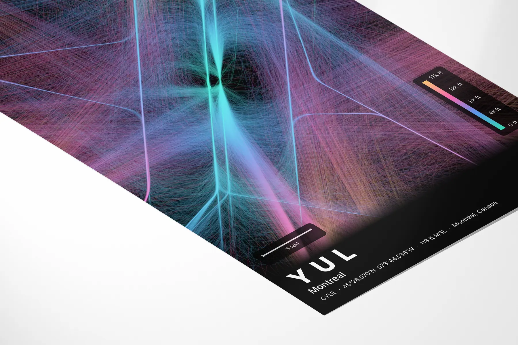 YUL flight path map — Aurora theme · Dark in corner-detail setting