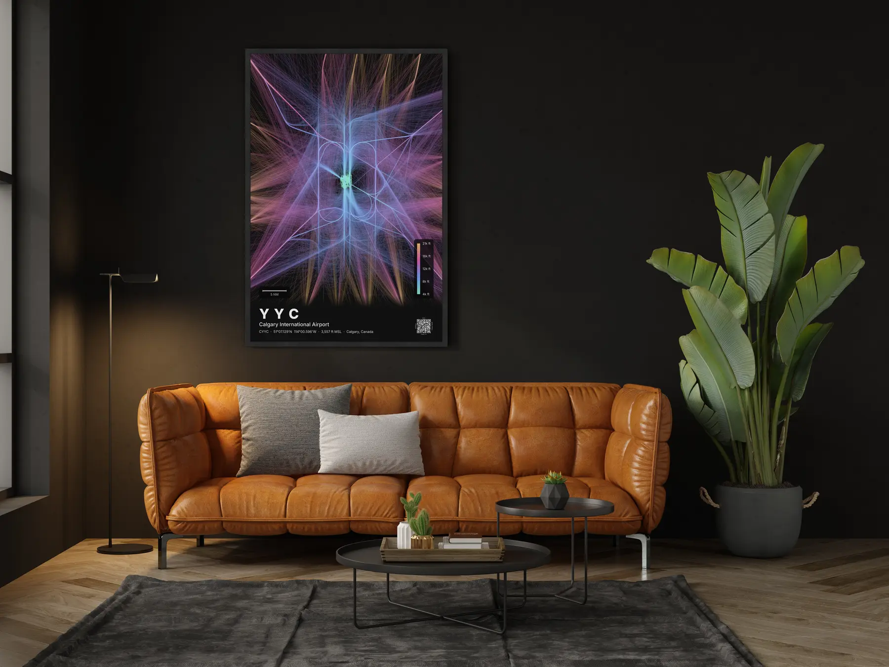 YYC flight path map — Aurora theme · Dark in living-room setting