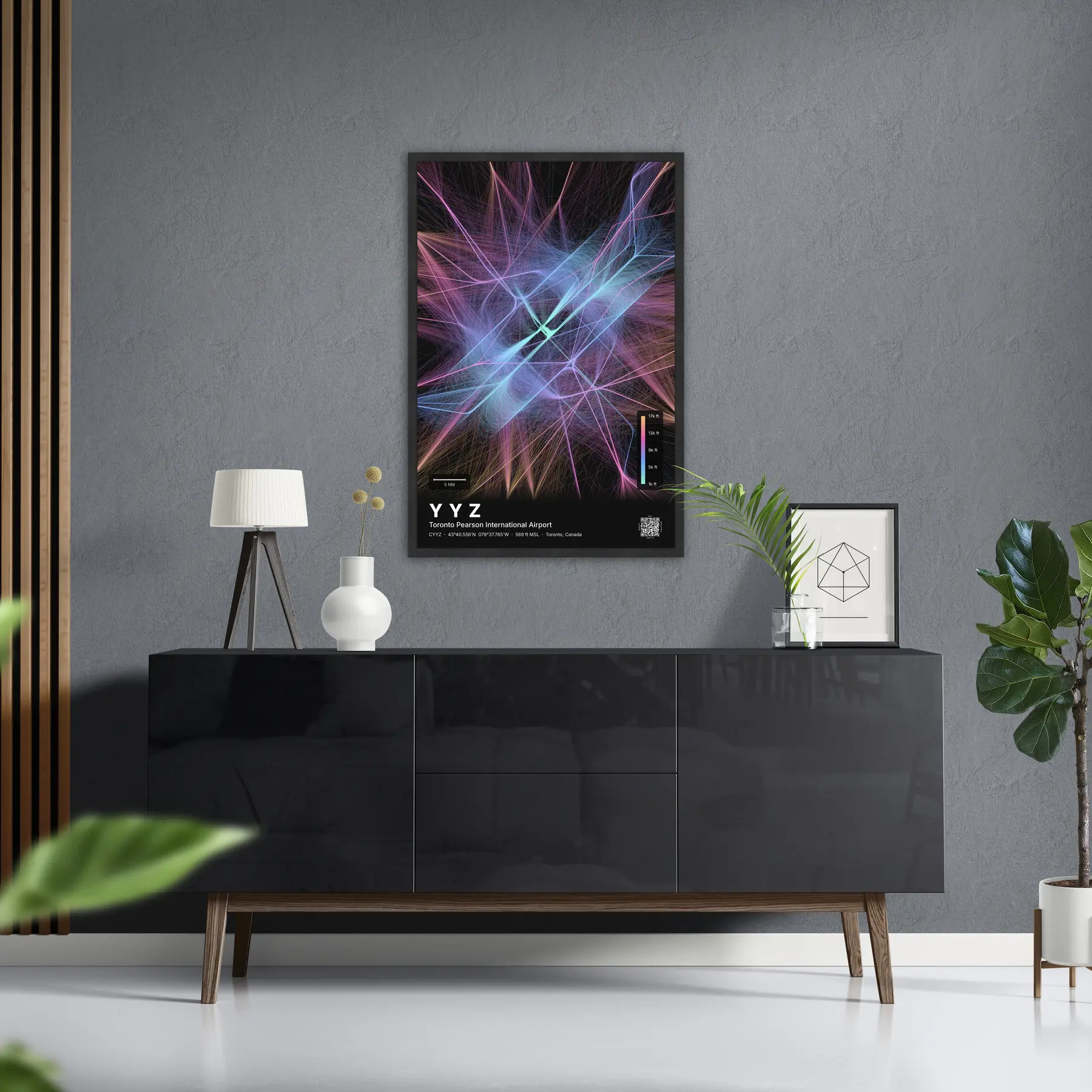 YYZ flight path map — Aurora theme · Dark in foyer setting