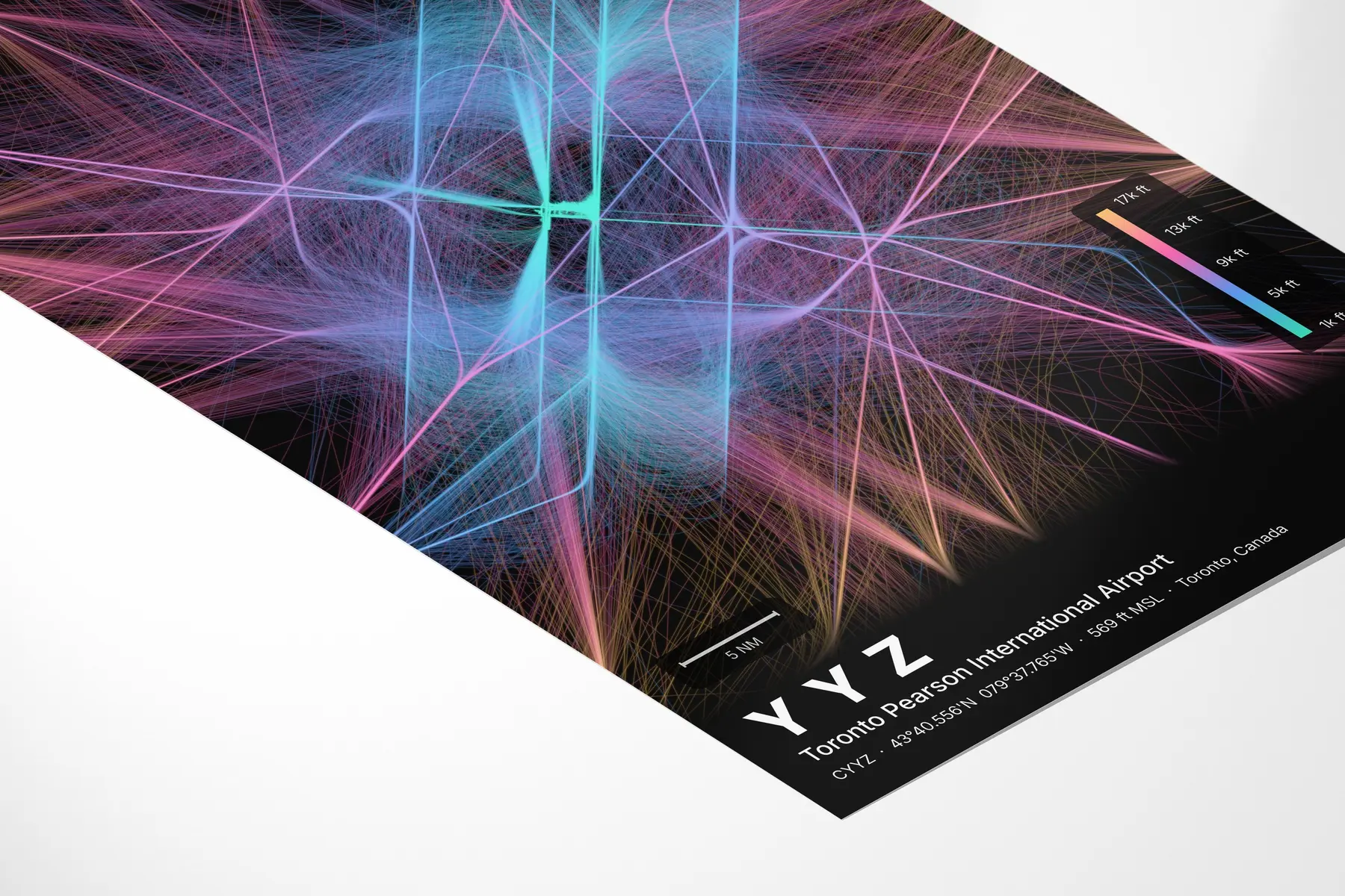 YYZ flight path map — Aurora theme · Dark in corner-detail setting