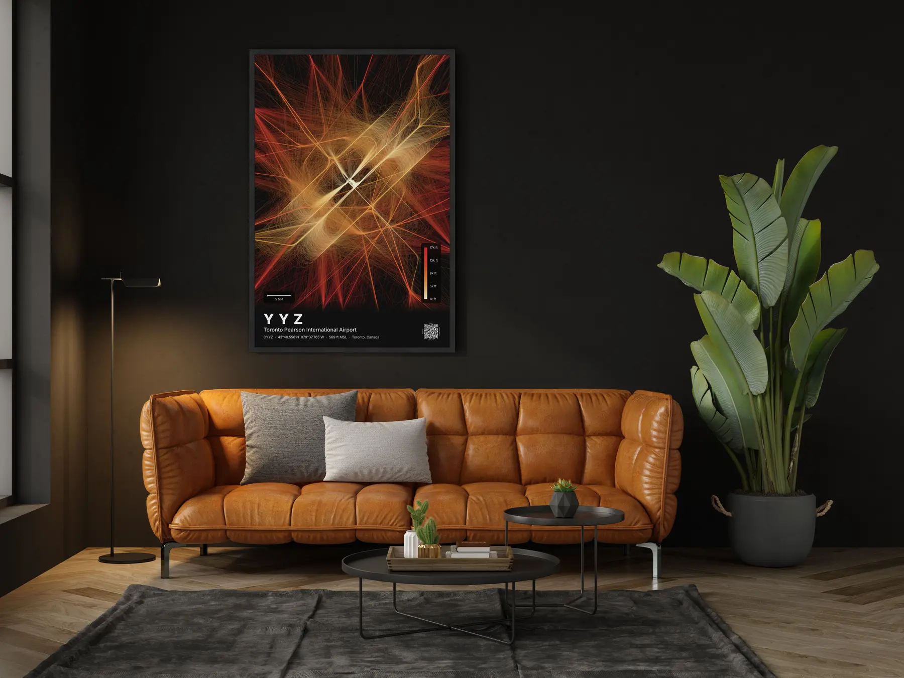 The YYZ flight path map on a wall in a living room