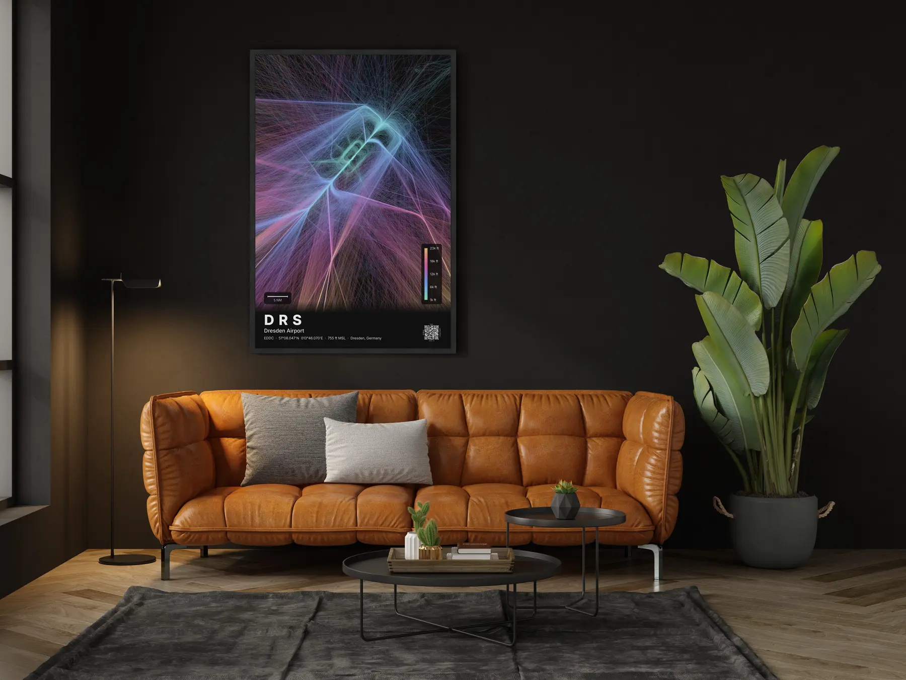 DRS flight path map — Aurora theme · Dark in living-room setting
