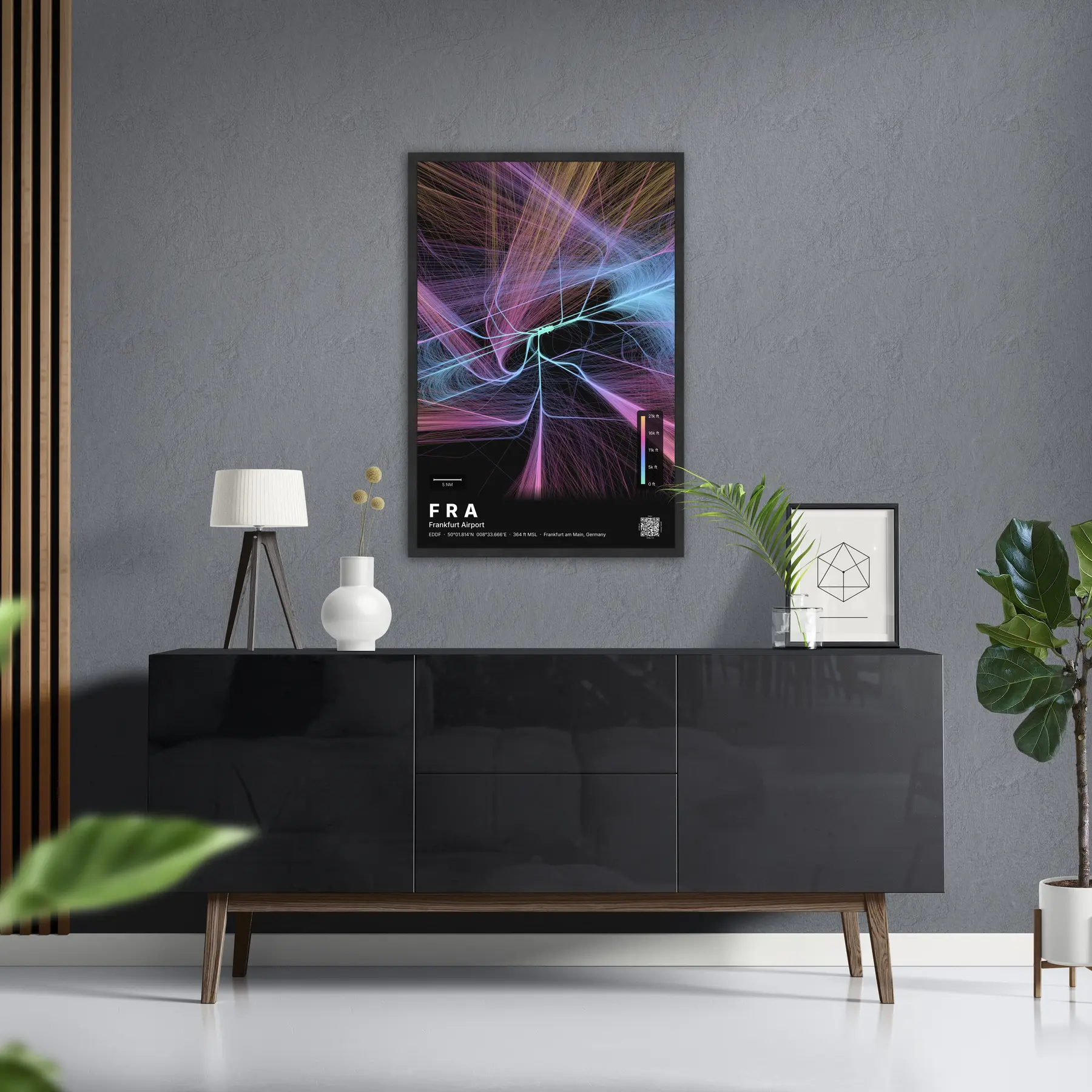 FRA flight path map — Aurora theme · Dark in foyer setting