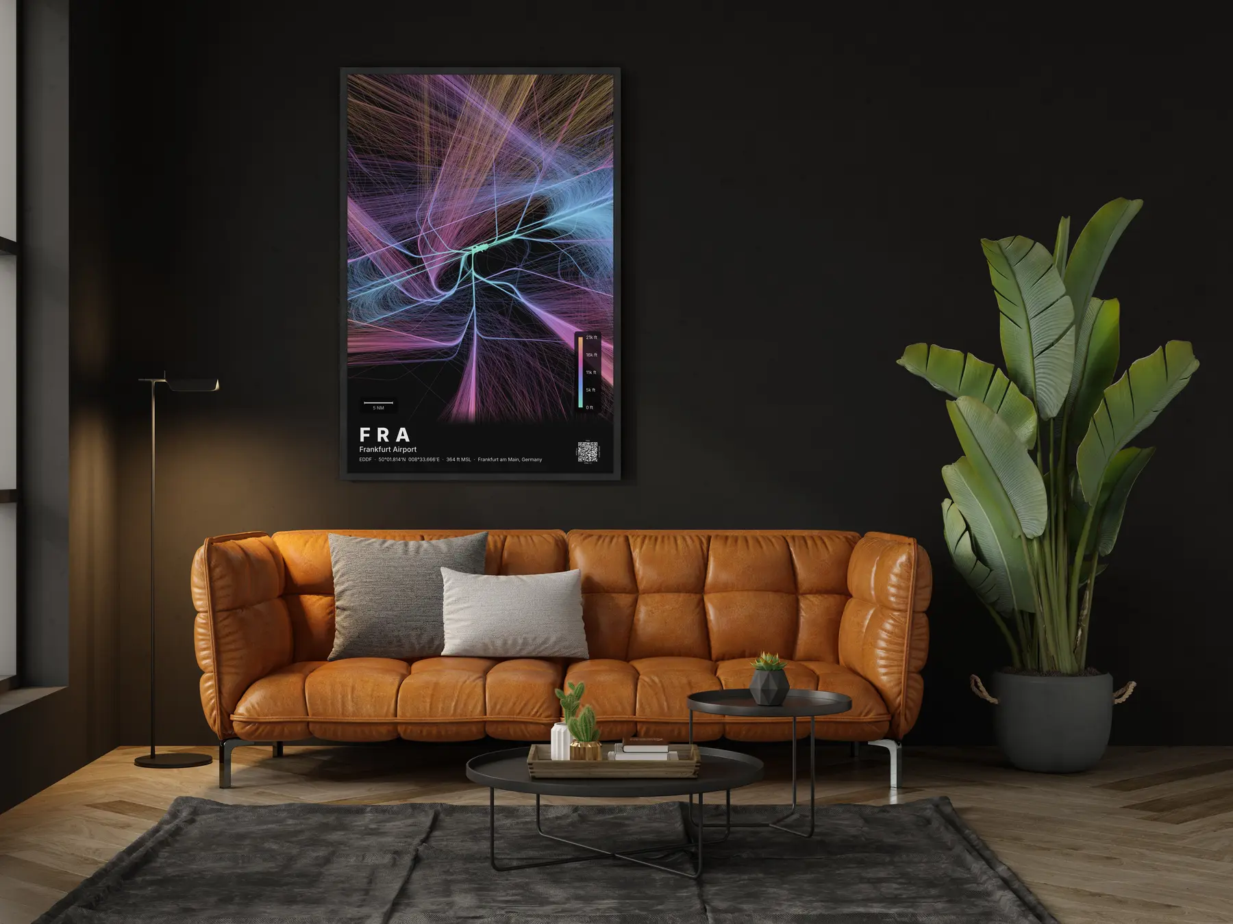 FRA flight path map — Aurora theme · Dark in living-room setting