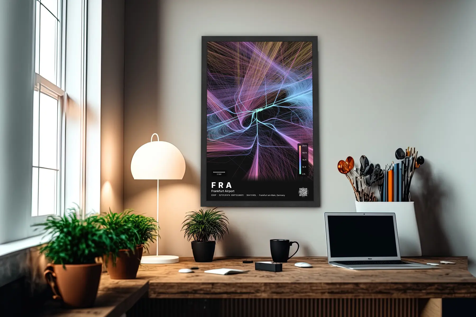 FRA flight path map — Aurora theme · Dark in office setting