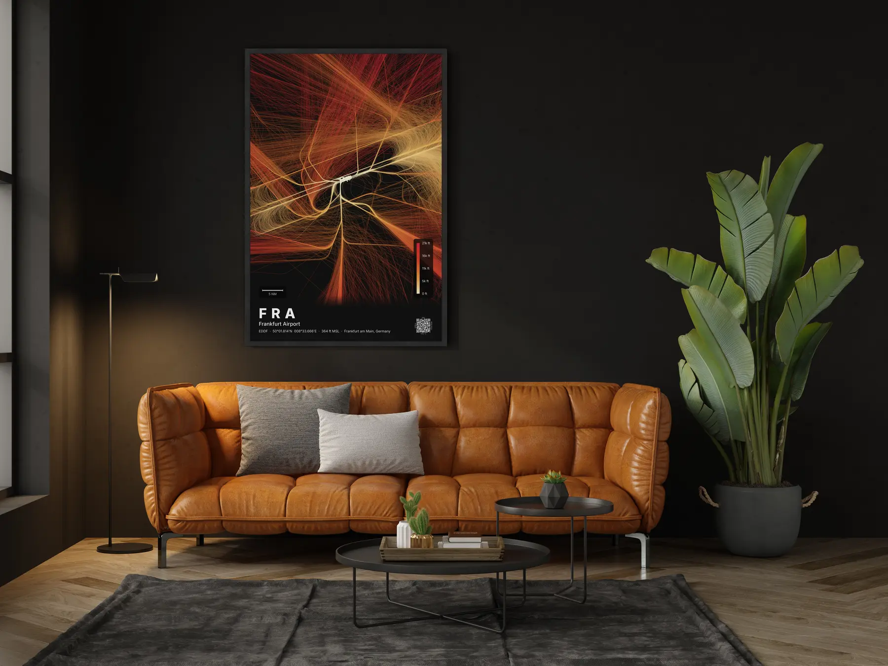 The FRA flight path map on a wall in a living room