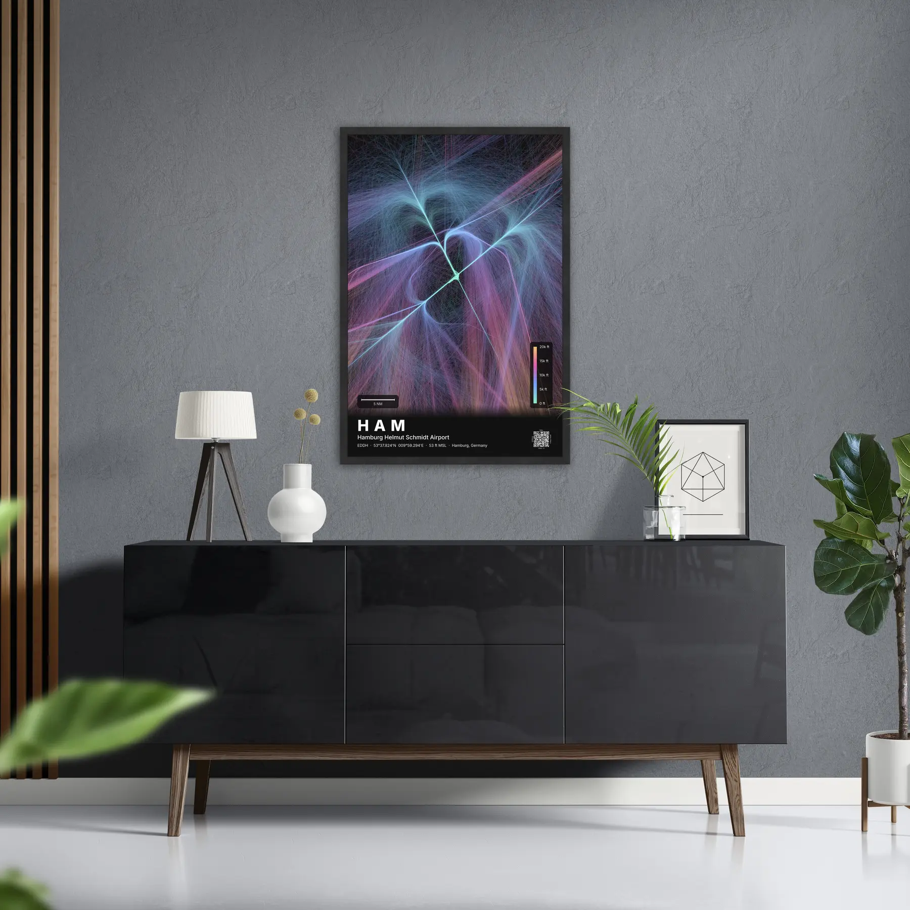 HAM flight path map — Aurora theme · Dark in foyer setting