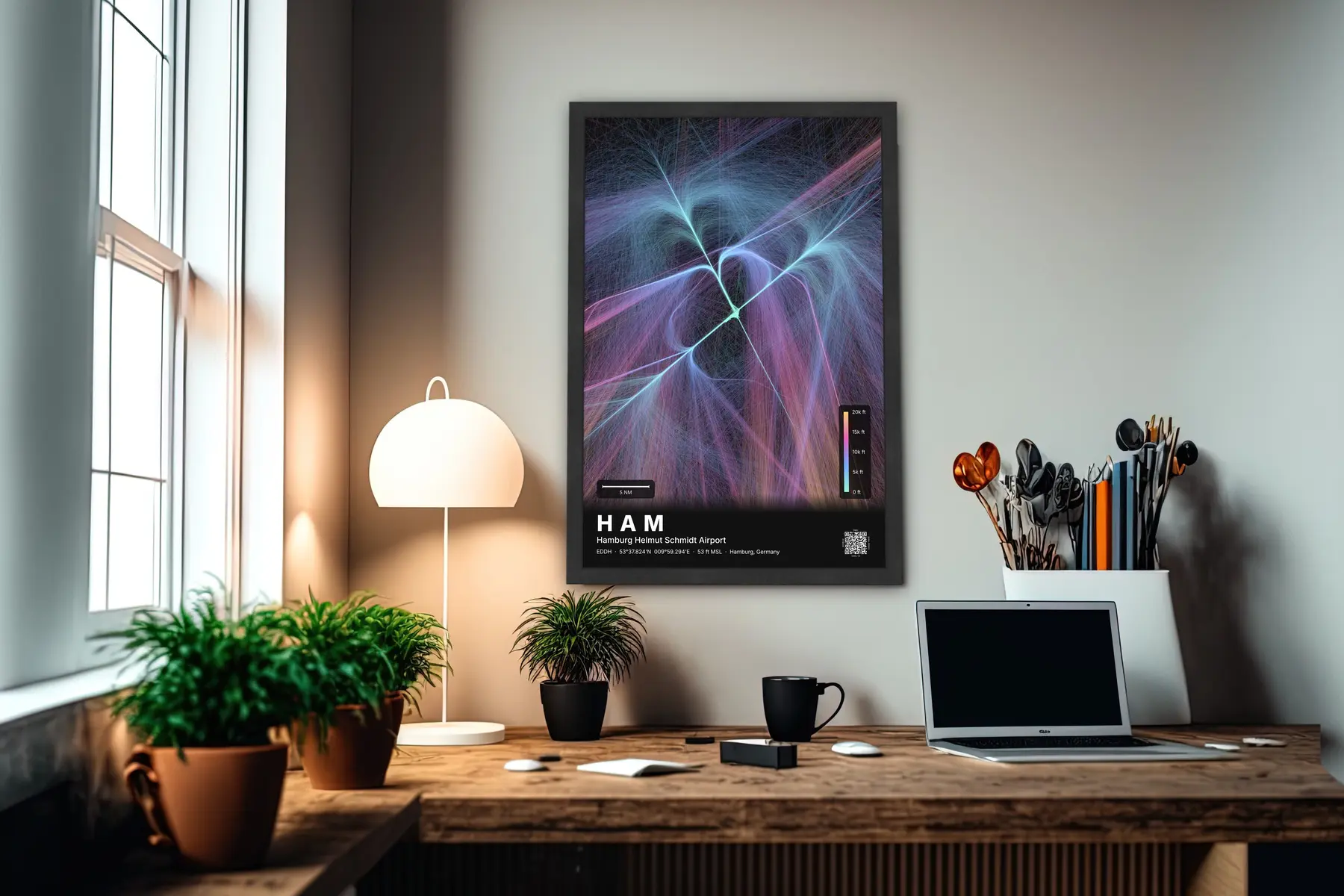 HAM flight path map — Aurora theme · Dark in office setting
