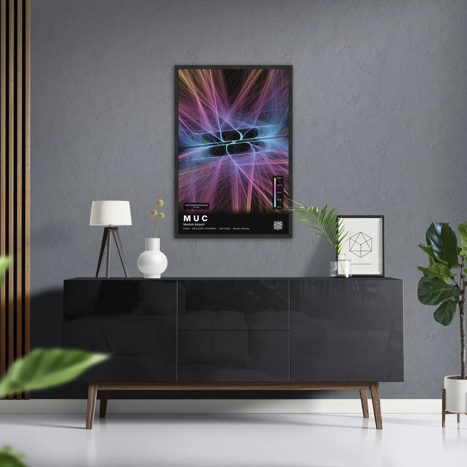 MUC flight path map — Aurora theme · Dark in foyer setting