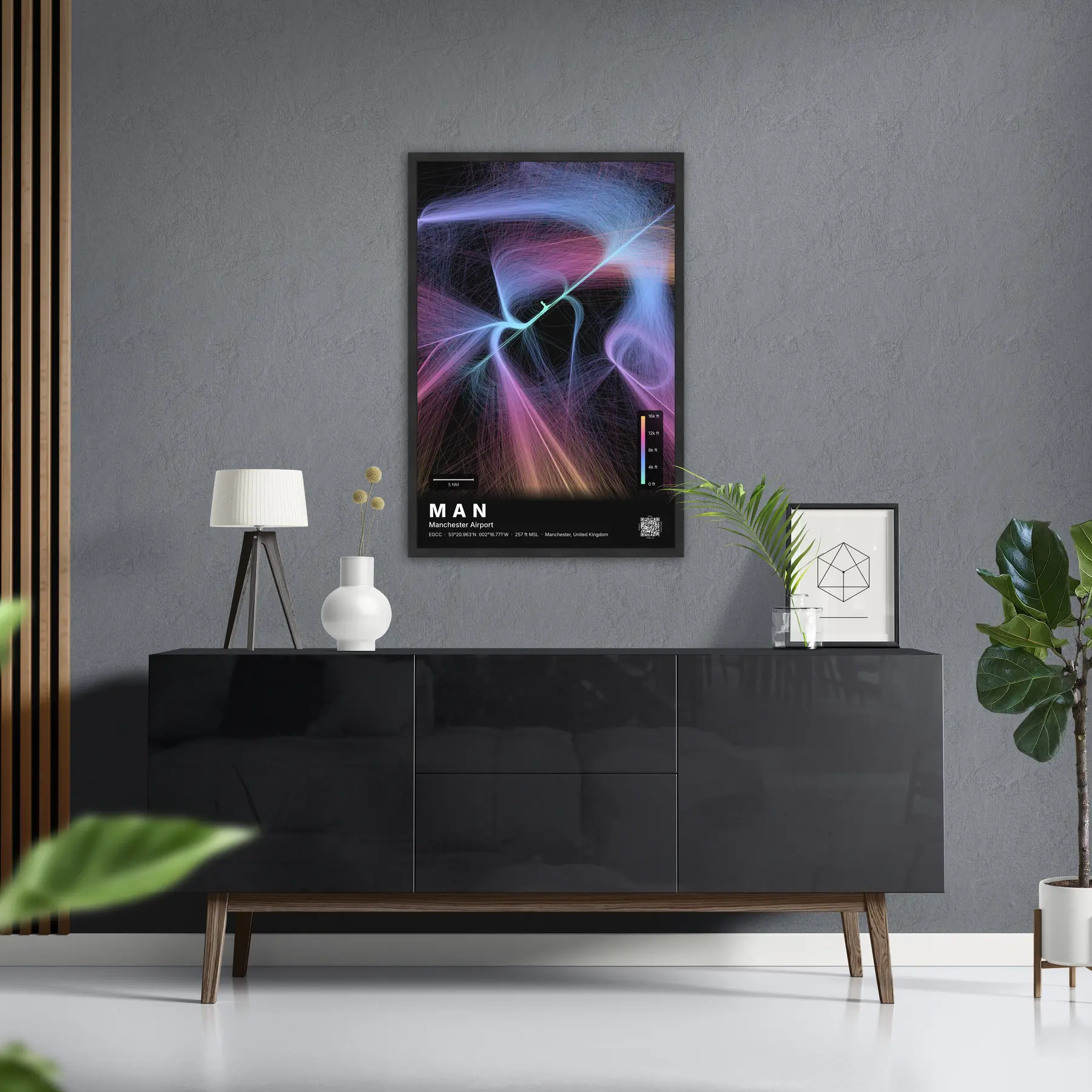 MAN flight path map — Aurora theme · Dark in foyer setting