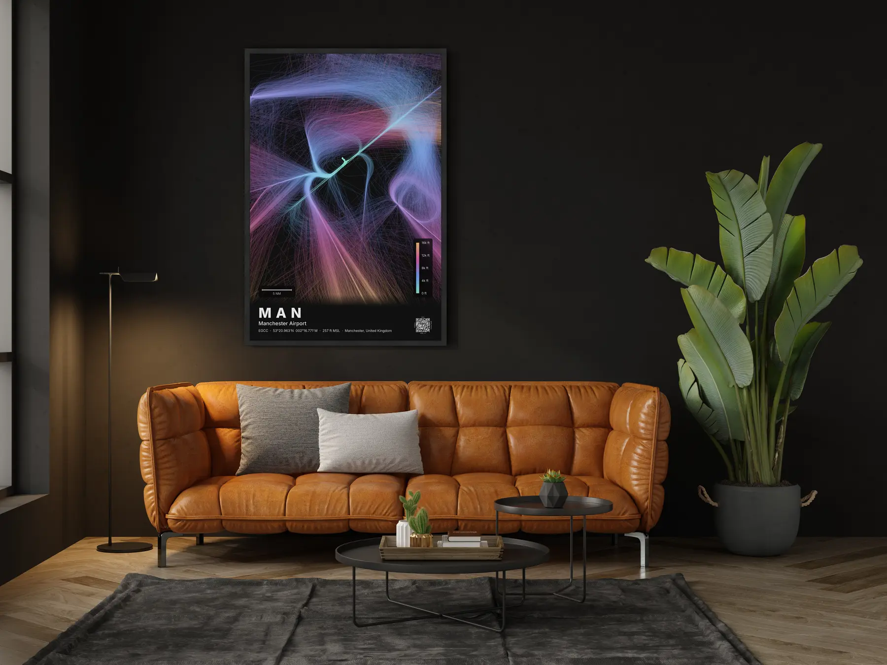MAN flight path map — Aurora theme · Dark in living-room setting