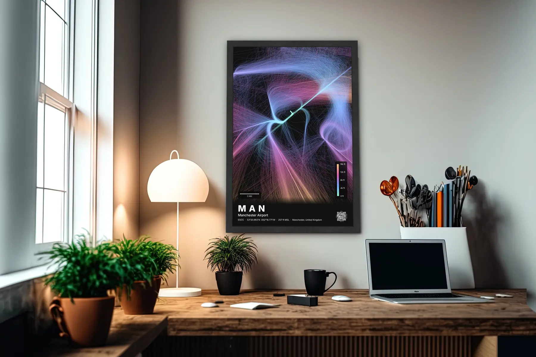 MAN flight path map — Aurora theme · Dark in office setting