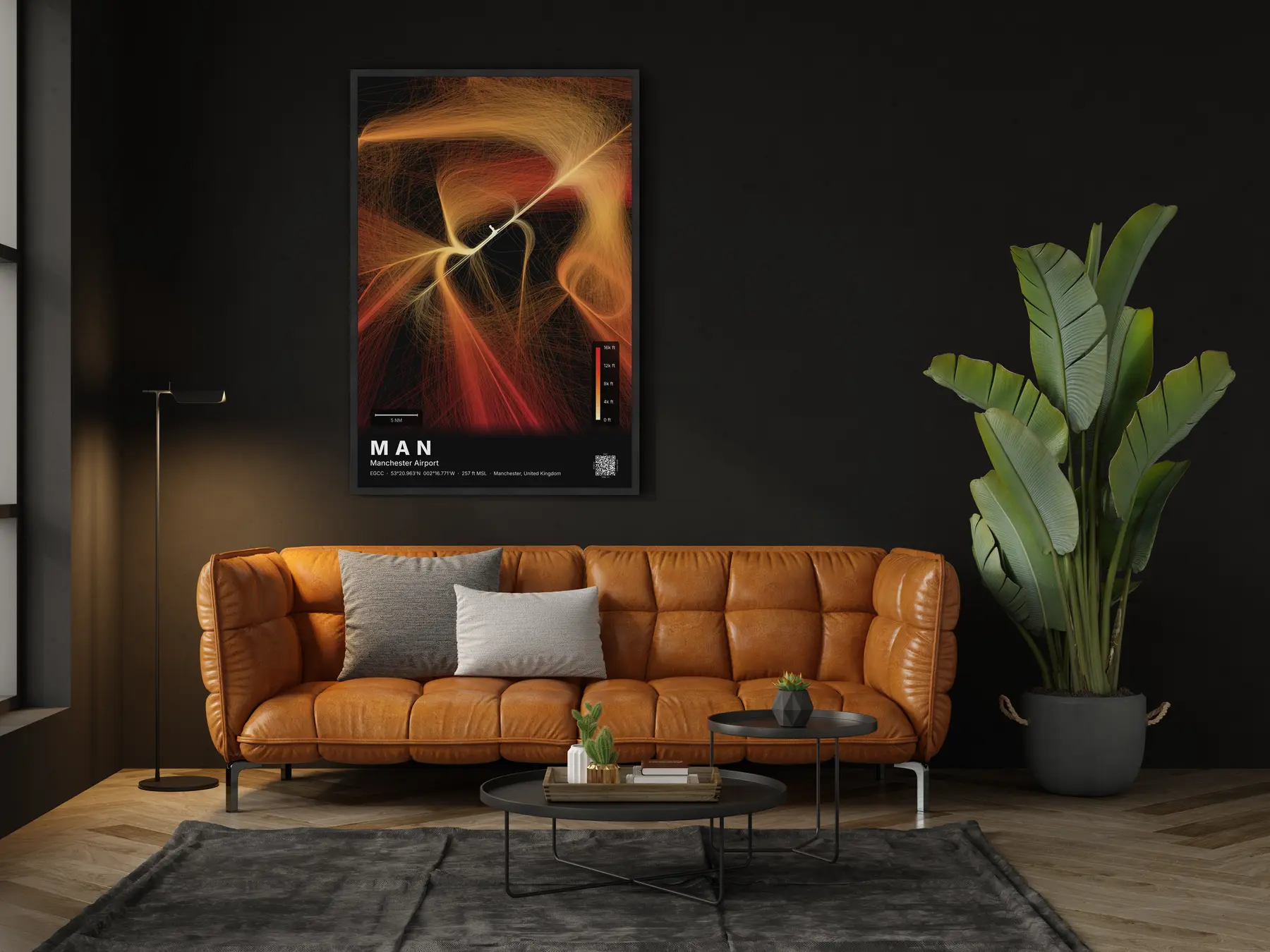 The MAN flight path map on a wall in a living room