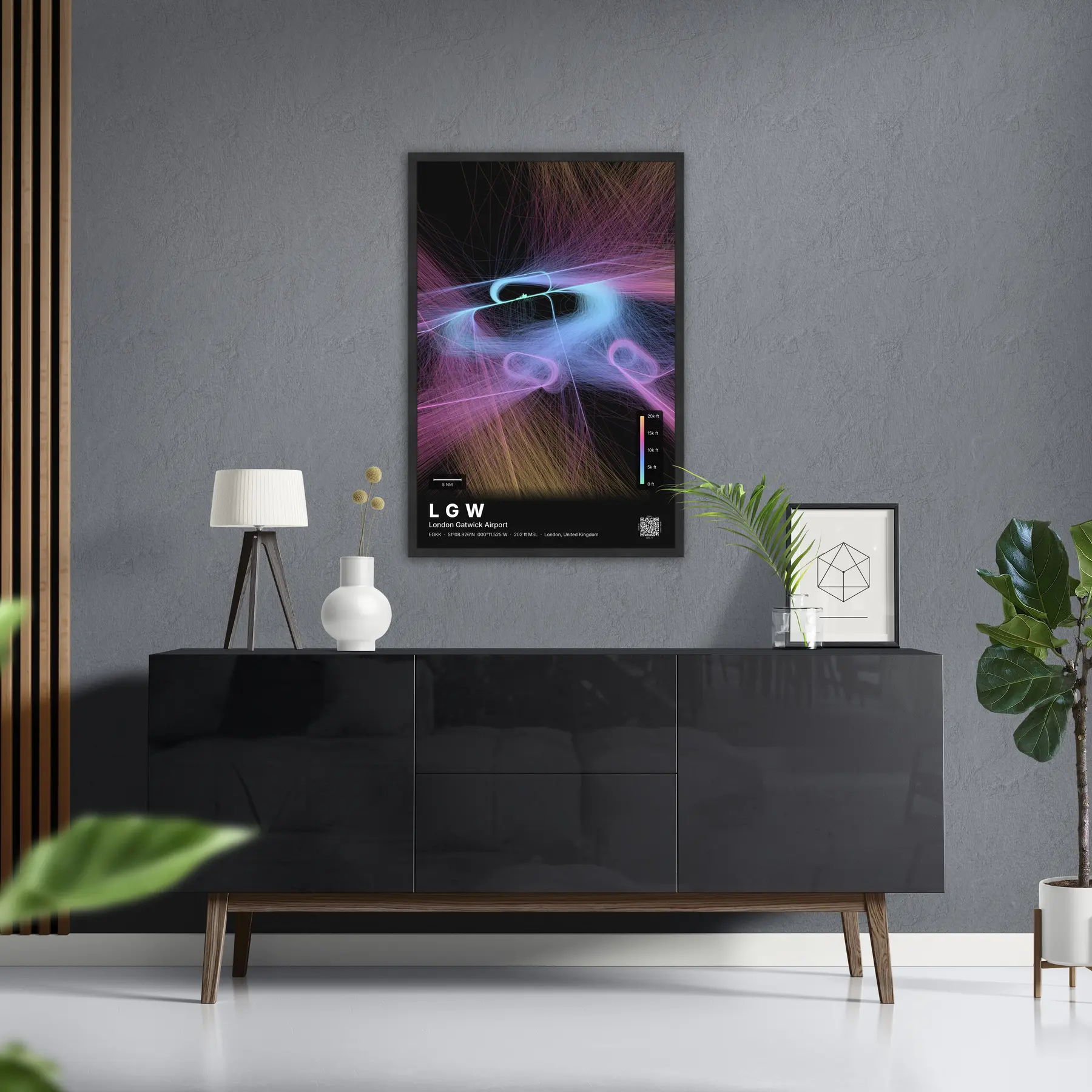 LGW flight path map — Aurora theme · Dark in foyer setting