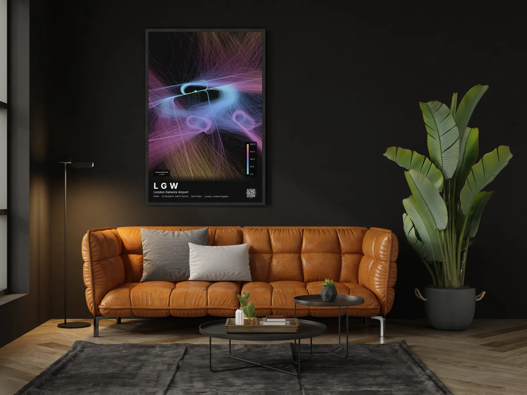LGW flight path map — Aurora theme · Dark in living-room setting