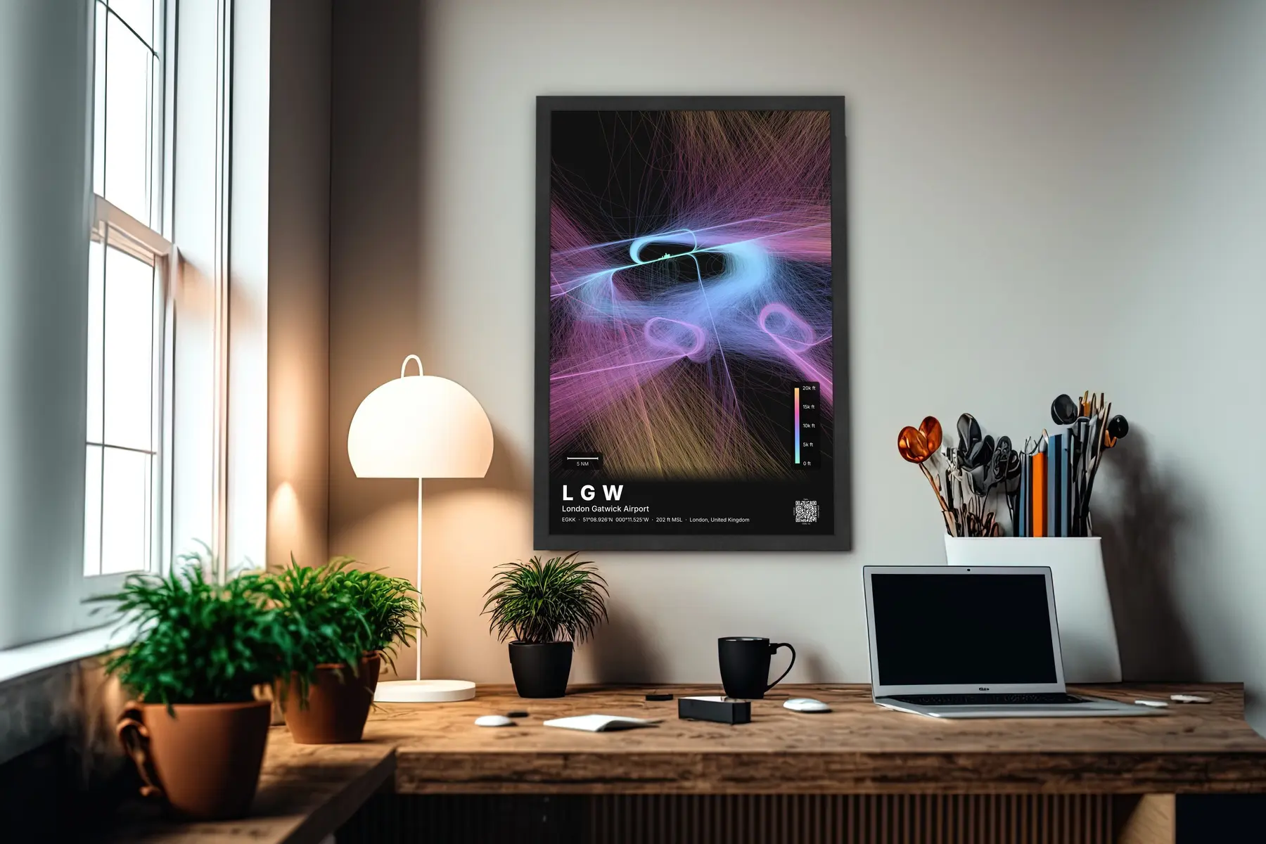 LGW flight path map — Aurora theme · Dark in office setting