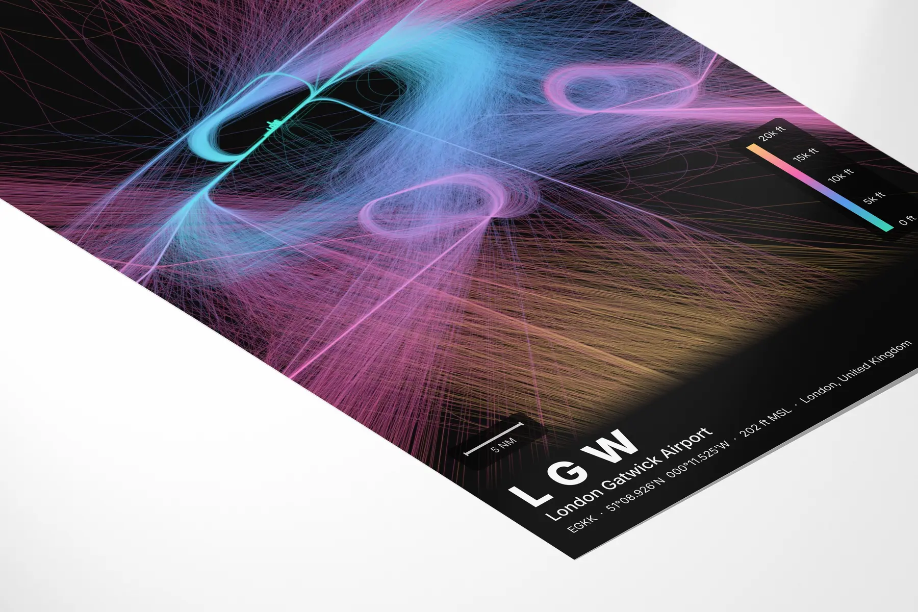 LGW flight path map — Aurora theme · Dark in corner-detail setting