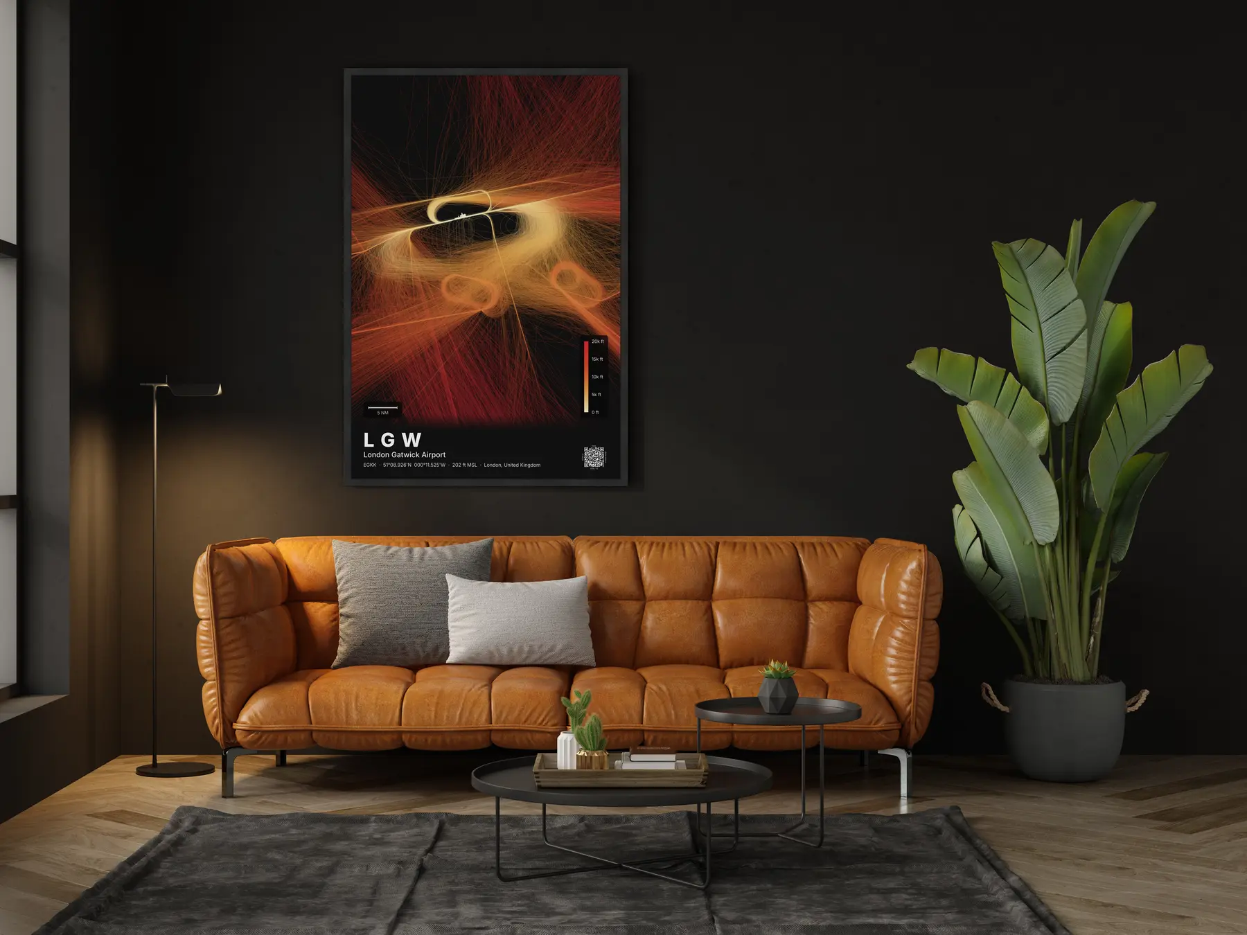 The LGW flight path map on a wall in a living room