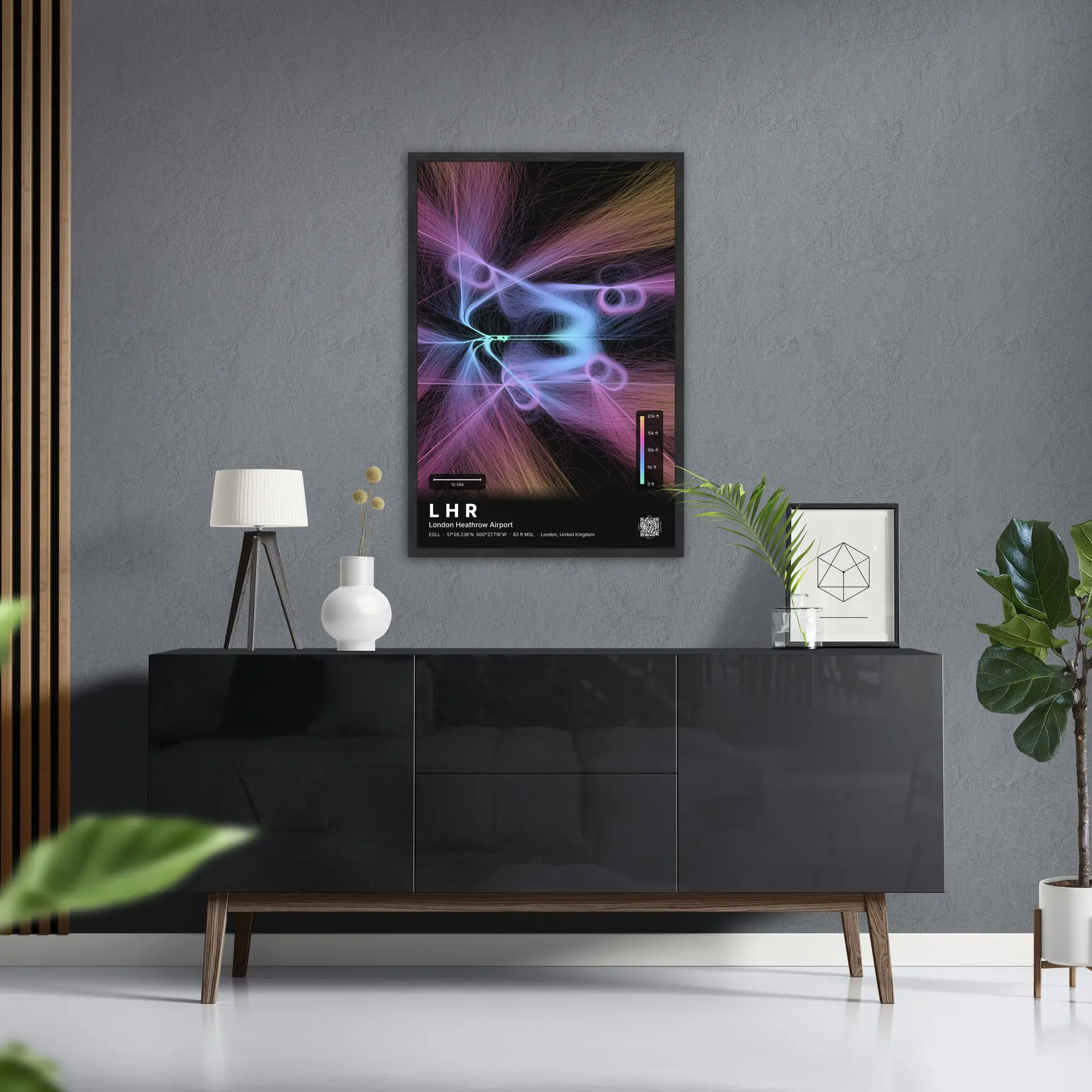 LHR flight path map — Aurora theme · Dark in foyer setting