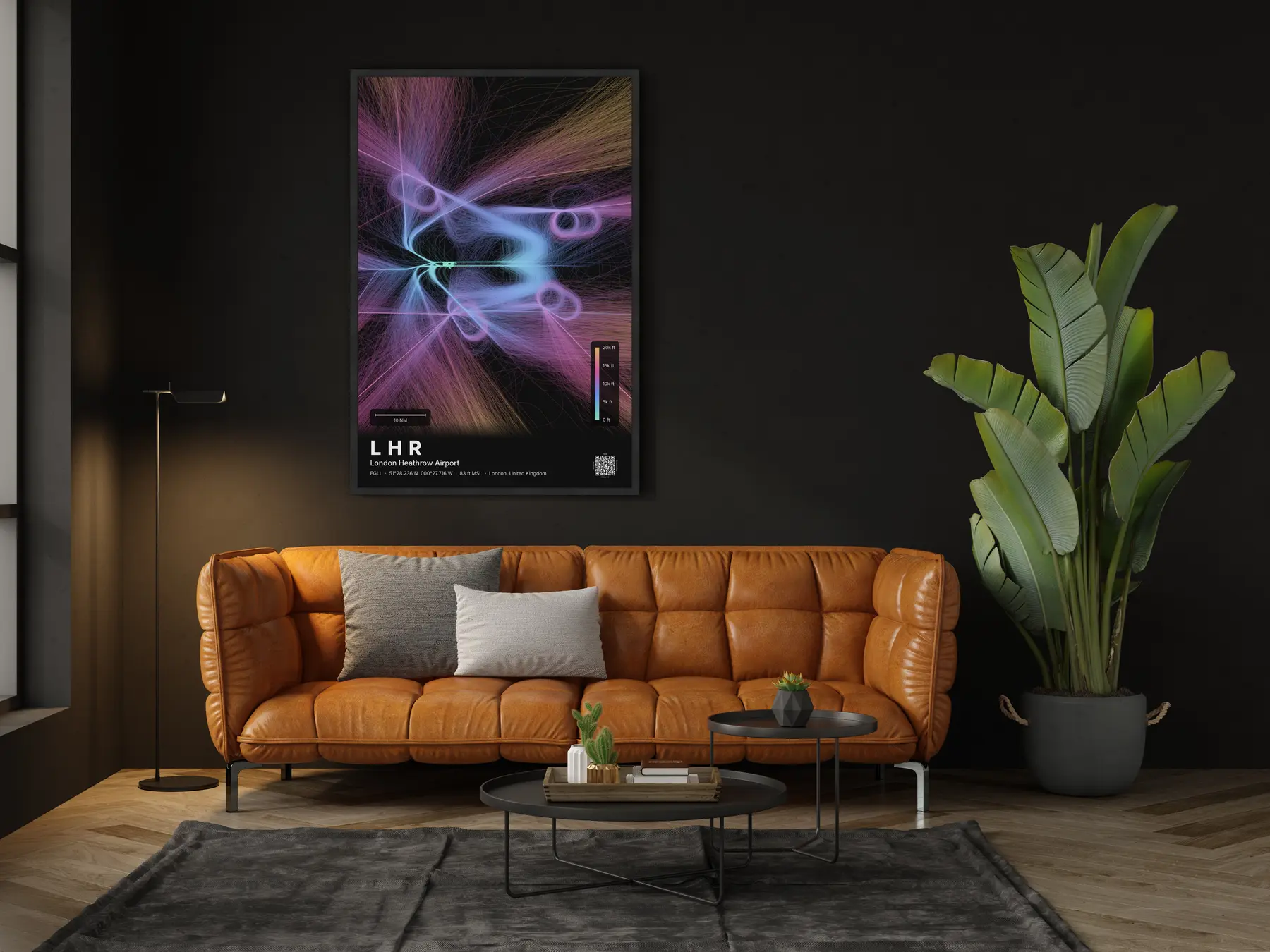 LHR flight path map — Aurora theme · Dark in living-room setting