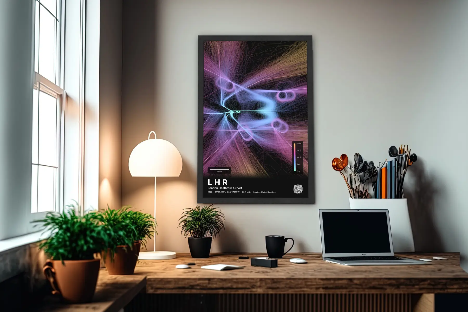 LHR flight path map — Aurora theme · Dark in office setting