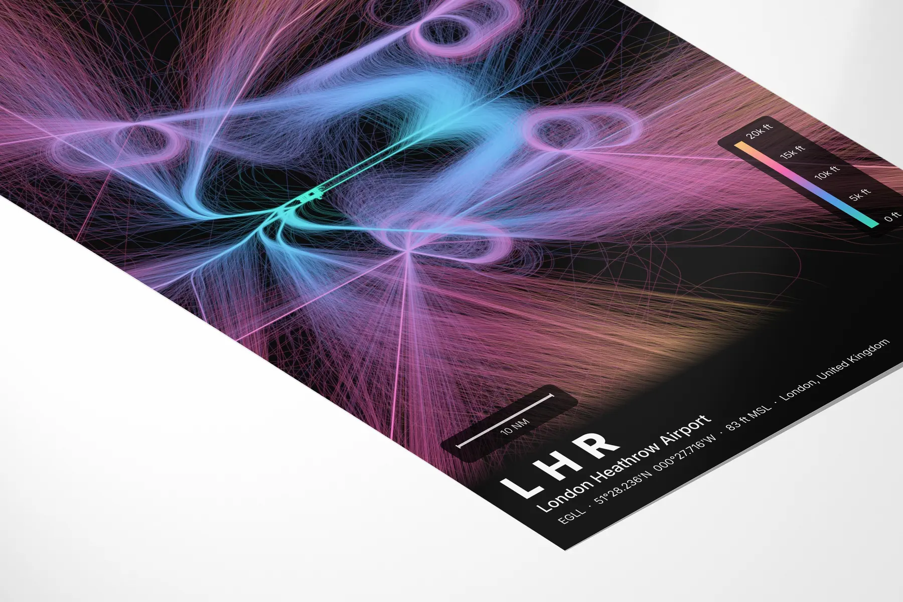 LHR flight path map — Aurora theme · Dark in corner-detail setting