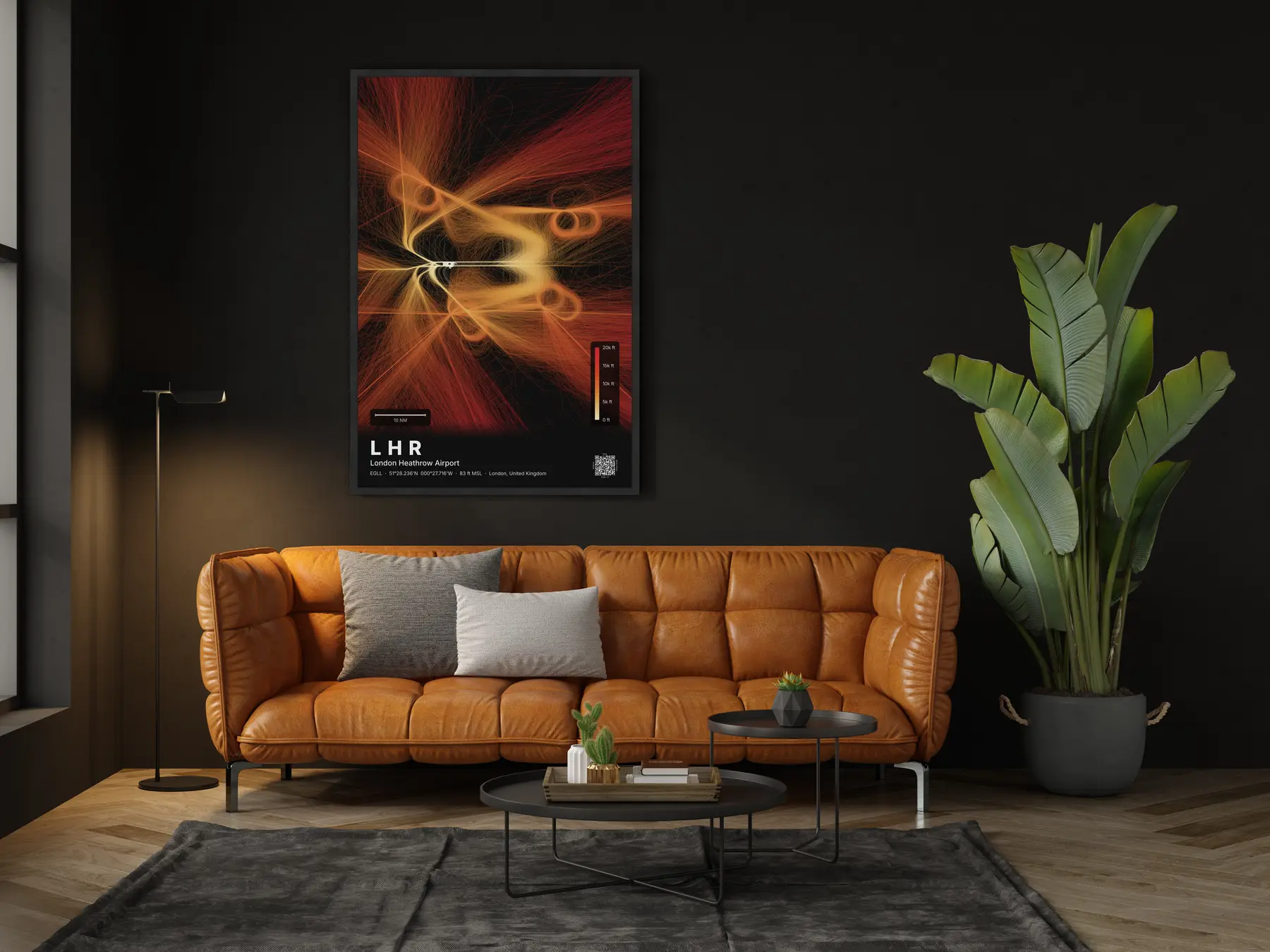 The LHR flight path map on a wall in a living room