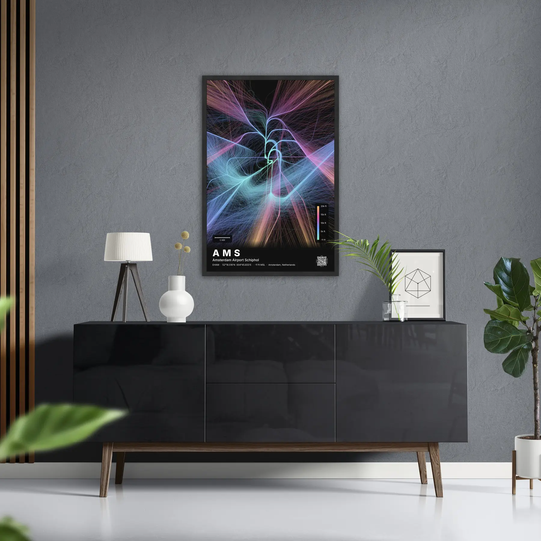 AMS flight path map — Aurora theme · Dark in foyer setting