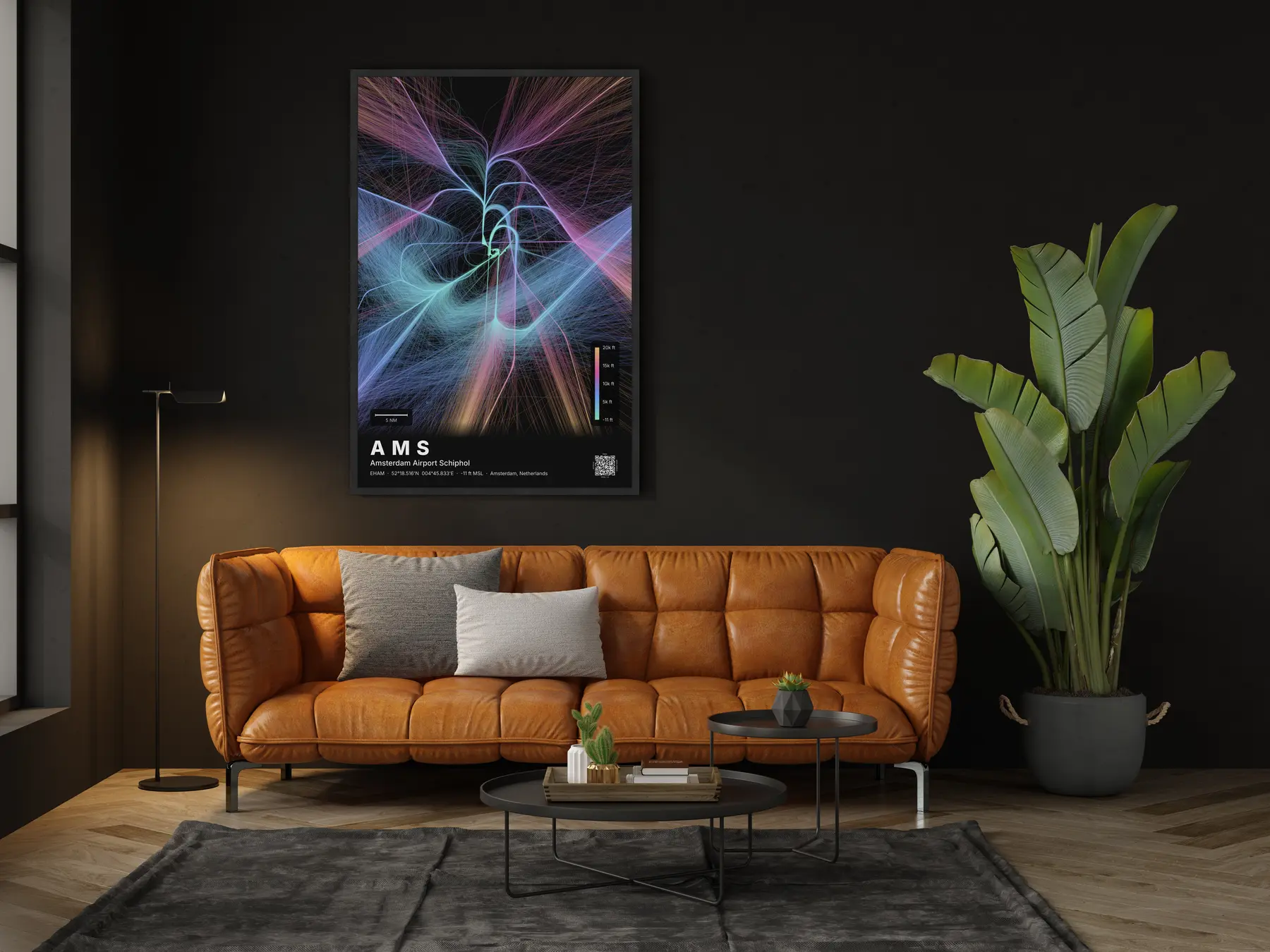 AMS flight path map — Aurora theme · Dark in living-room setting