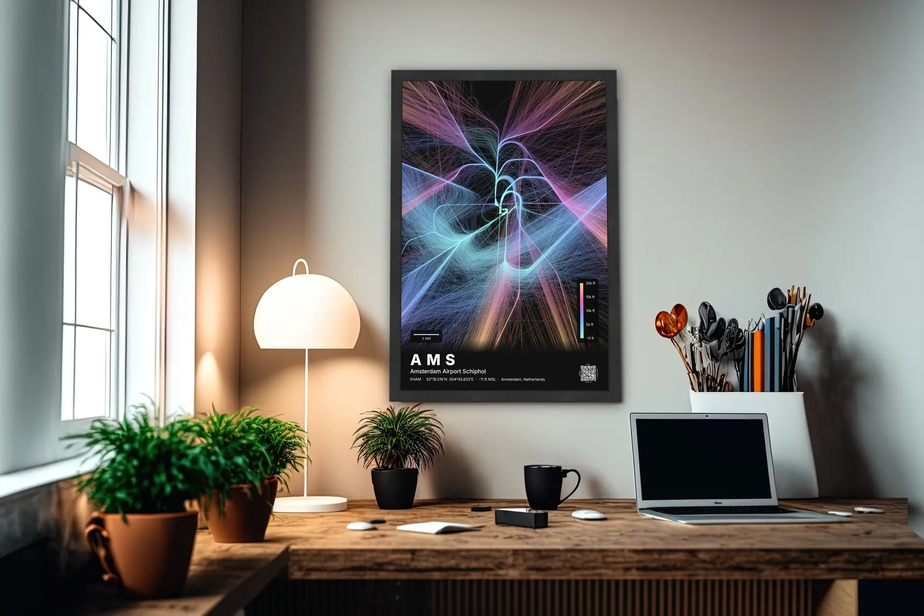 AMS flight path map — Aurora theme · Dark in office setting