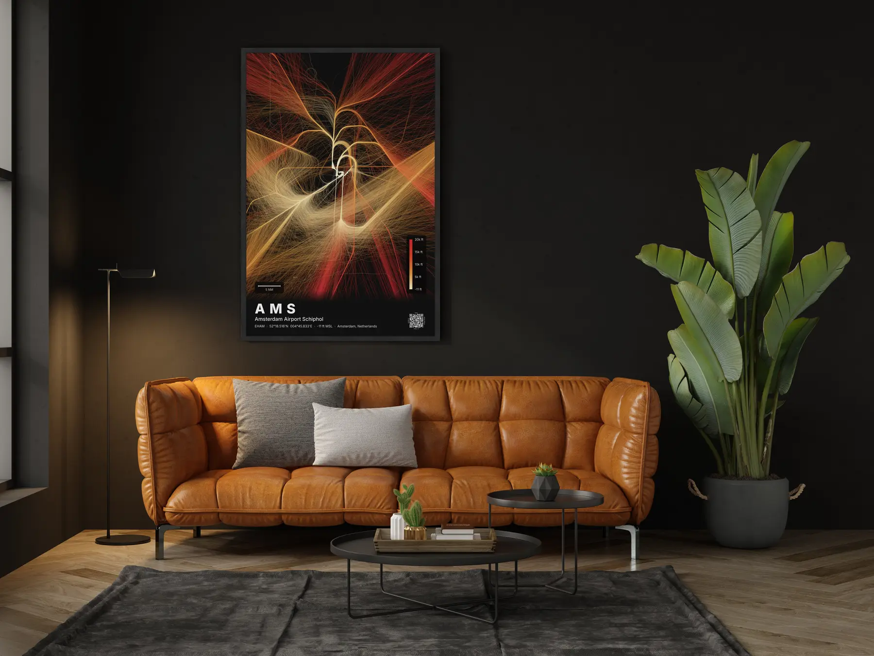 The AMS flight path map on a wall in a living room