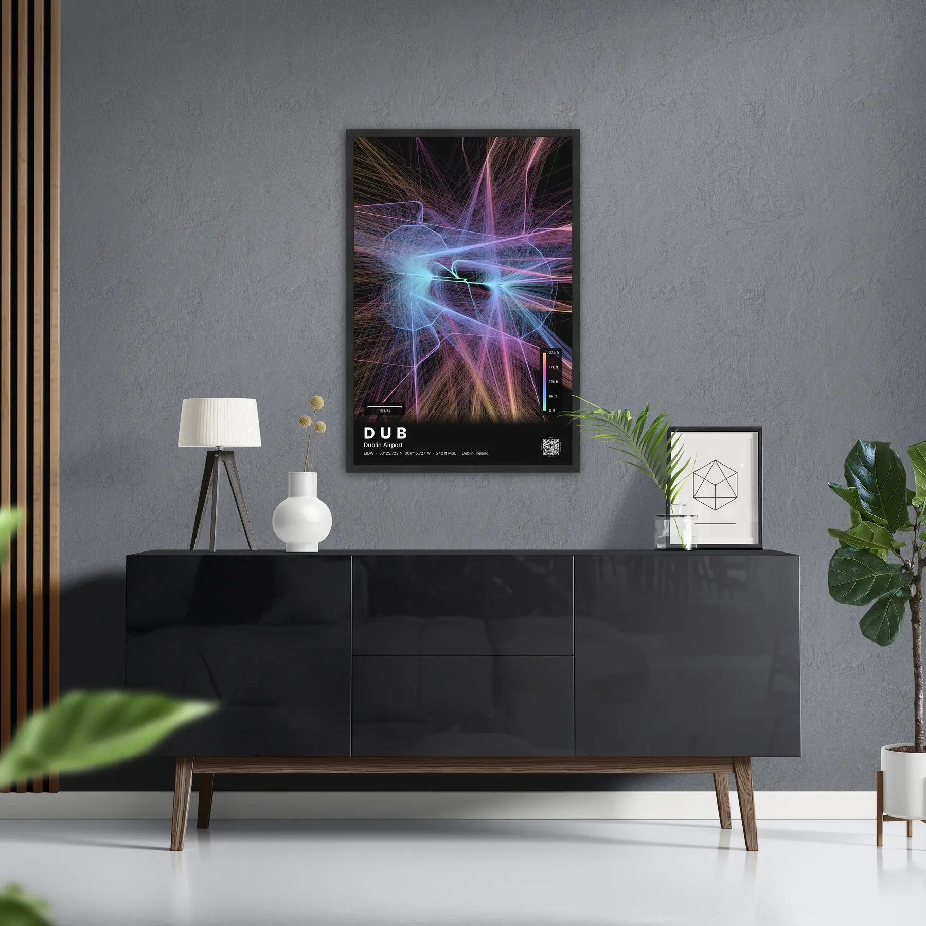 DUB flight path map — Aurora theme · Dark in foyer setting