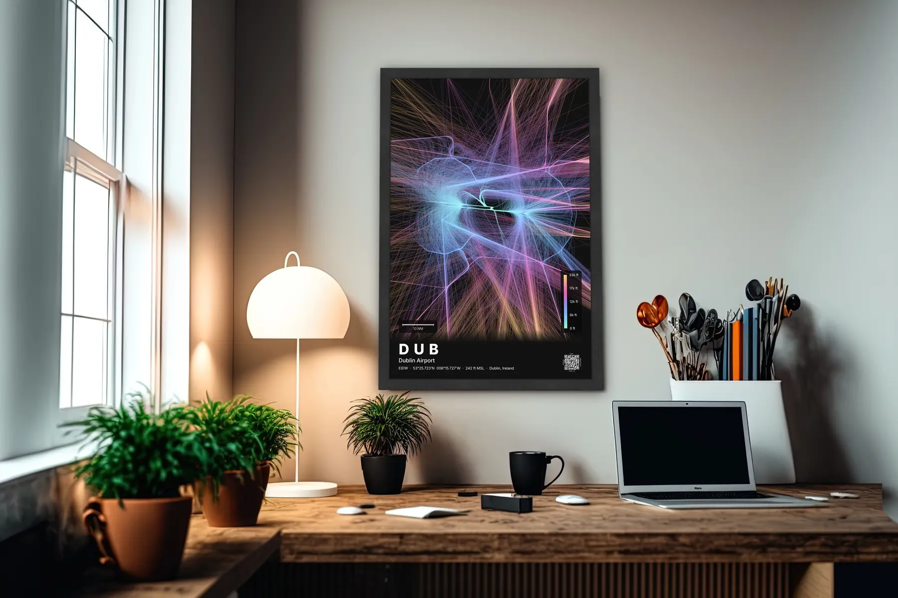 DUB flight path map — Aurora theme · Dark in office setting