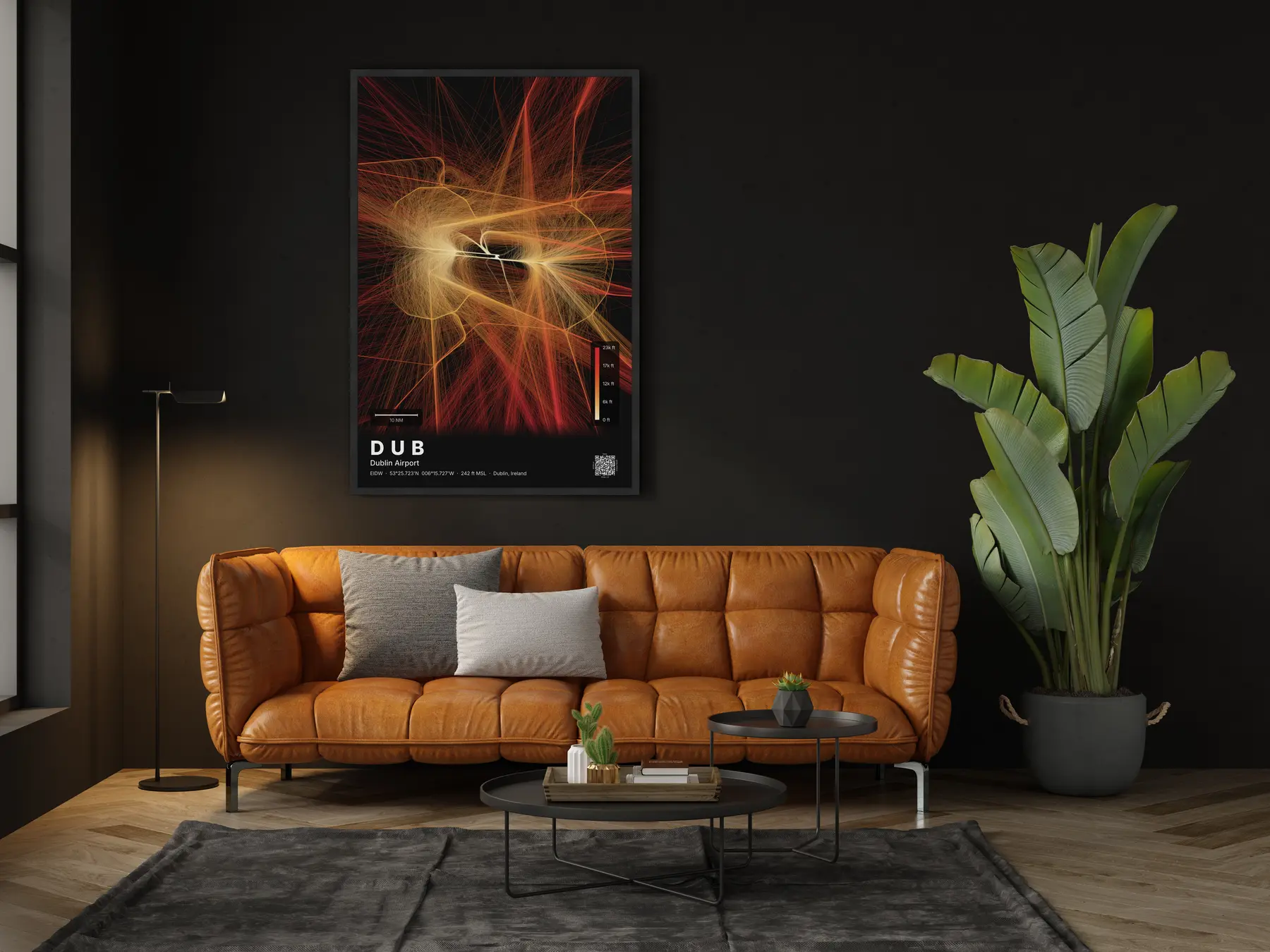 The DUB flight path map on a wall in a living room