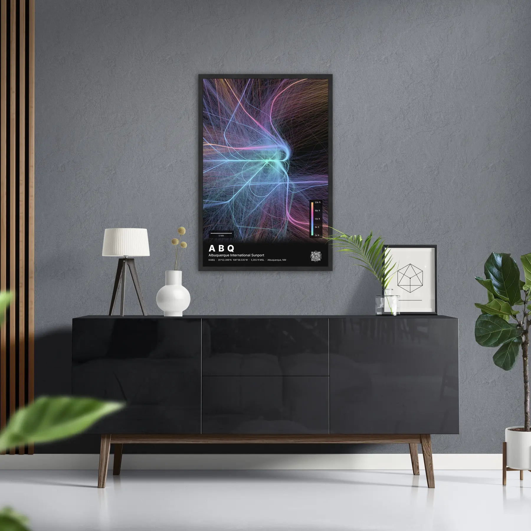 ABQ flight path map — Aurora theme · Dark in foyer setting
