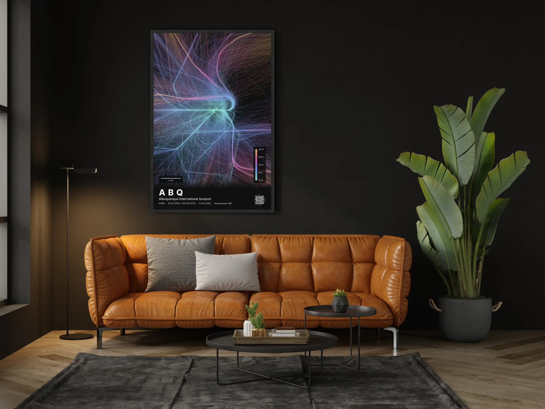 ABQ flight path map — Aurora theme · Dark in living-room setting