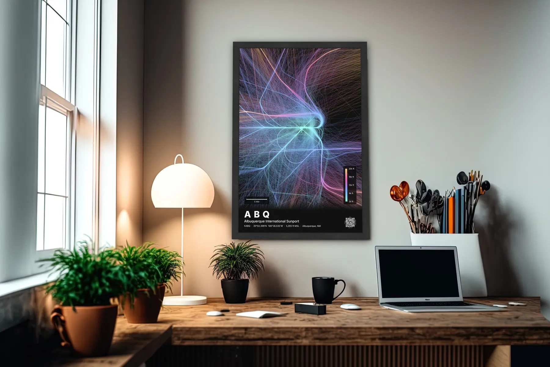 ABQ flight path map — Aurora theme · Dark in office setting
