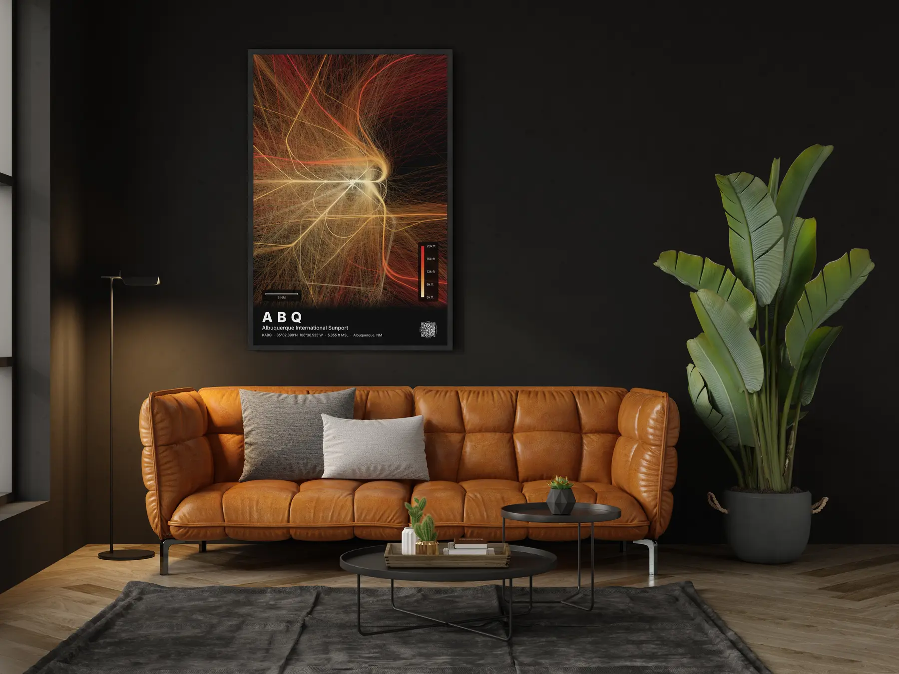 The ABQ flight path map on a wall in a living room