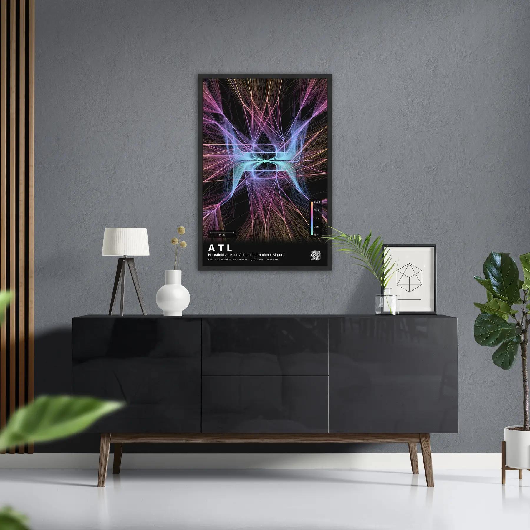ATL flight path print — Aurora theme · Dark in foyer setting