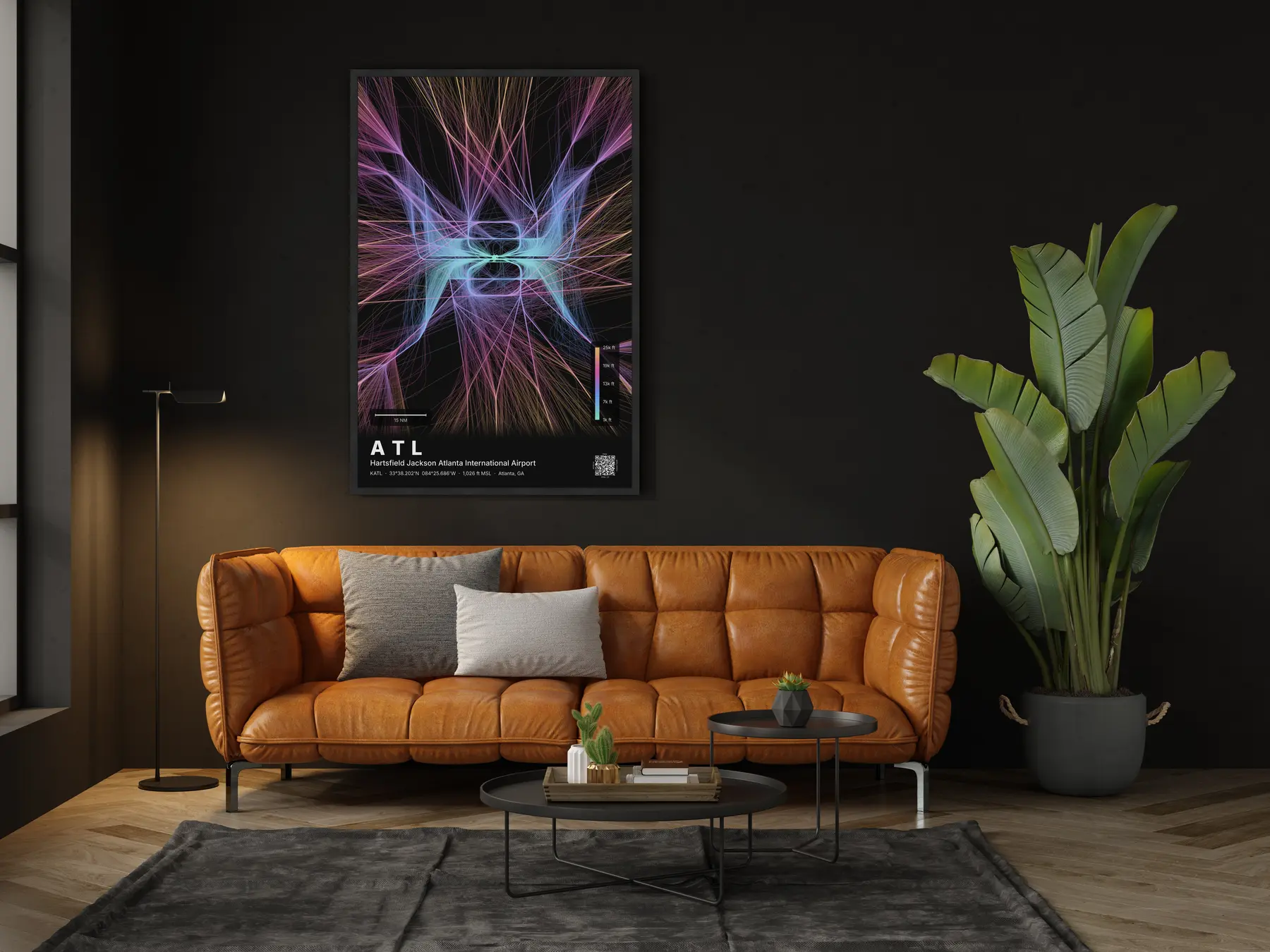 ATL flight path print — Aurora theme · Dark in living-room setting