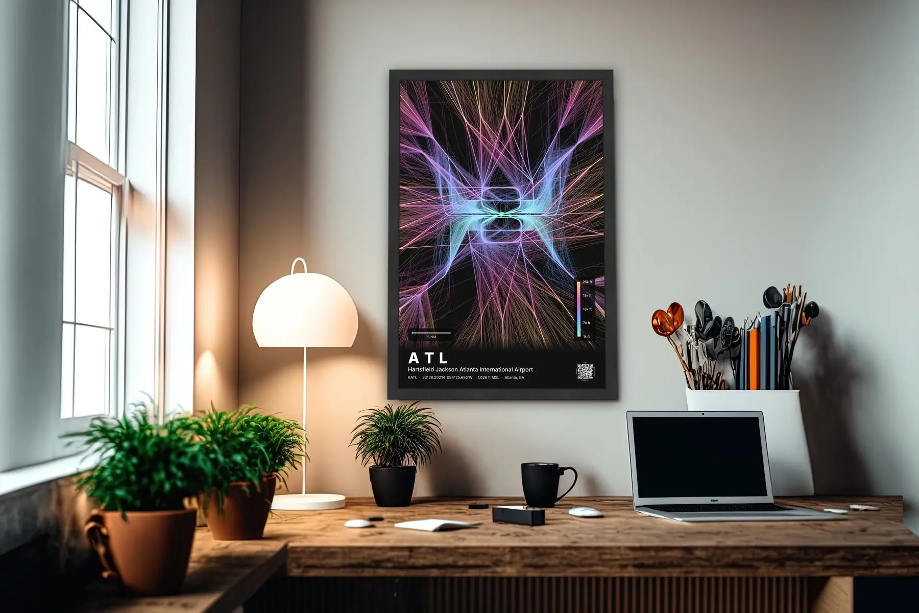 ATL flight path print — Aurora theme · Dark in office setting