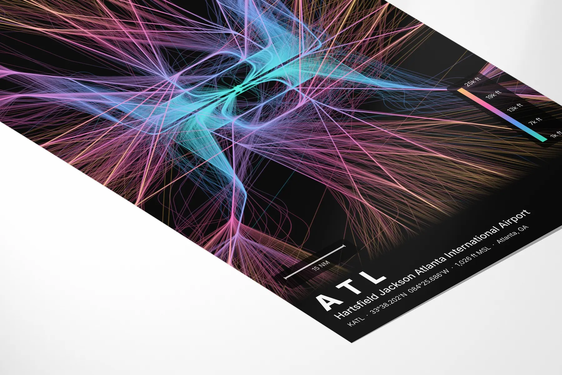 ATL flight path print — Aurora theme · Dark in corner-detail setting
