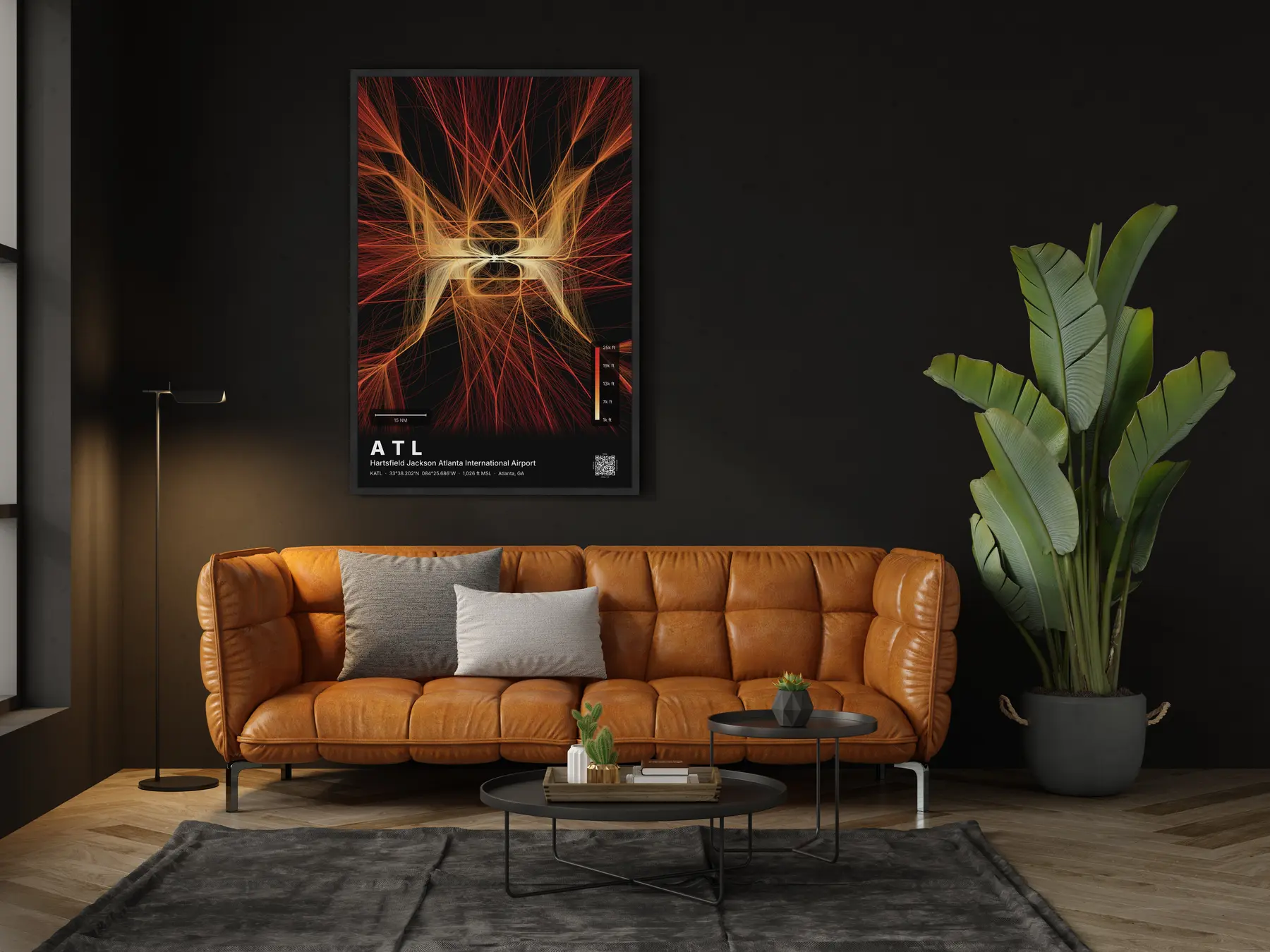 The ATL flight path map on a wall in a living room