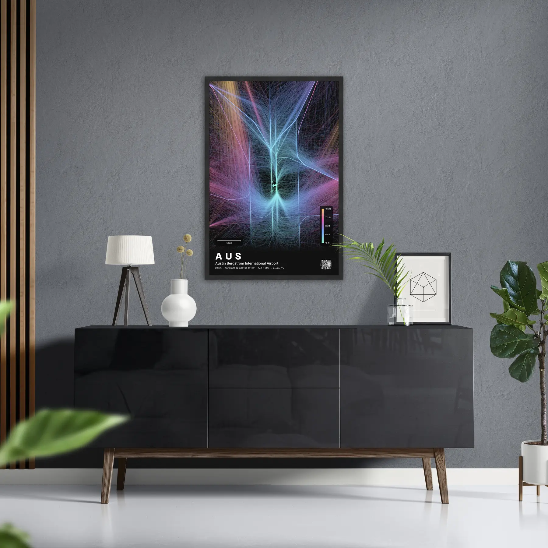 AUS flight path print — Aurora theme · Dark in foyer setting