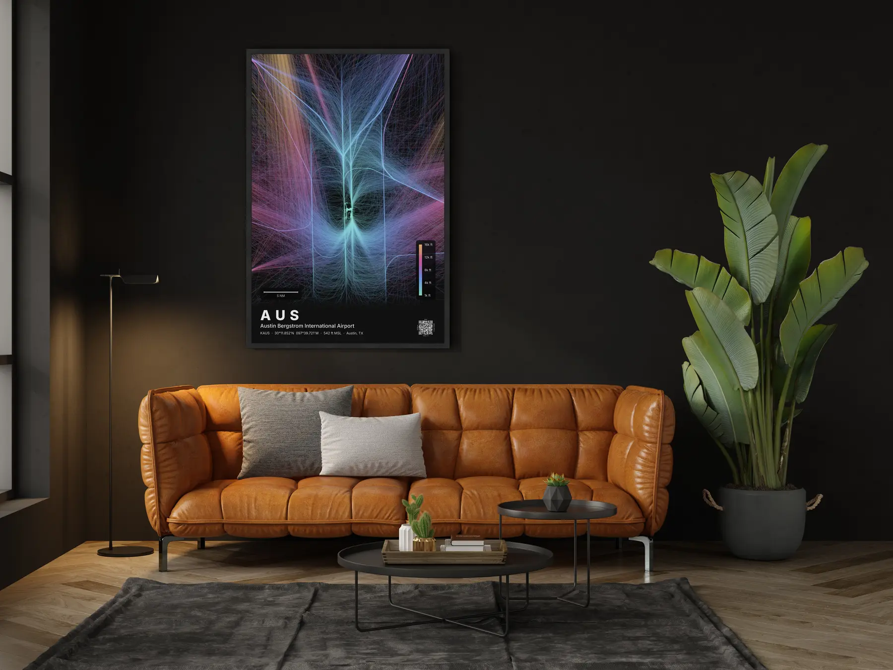 AUS flight path print — Aurora theme · Dark in living-room setting