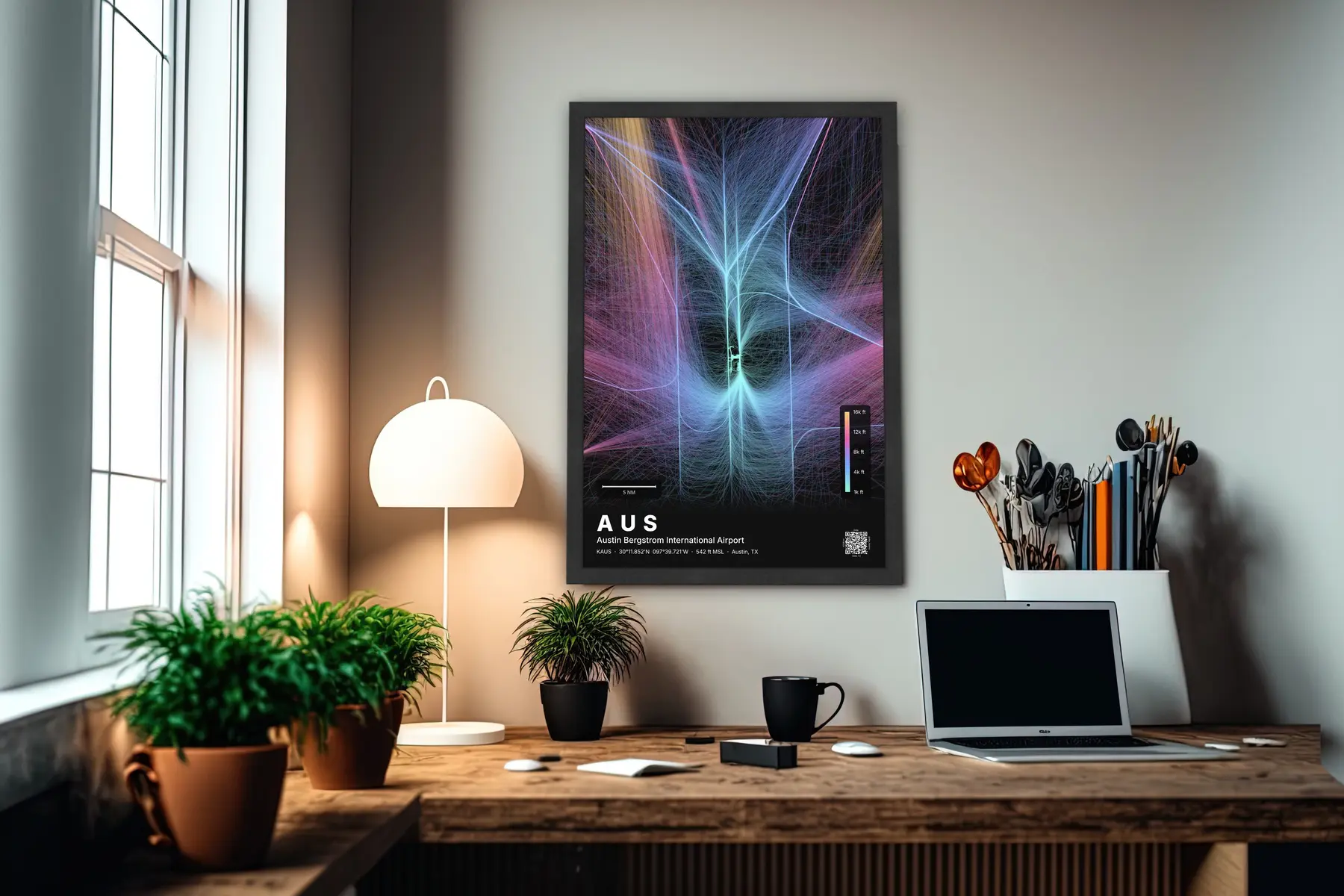AUS flight path print — Aurora theme · Dark in office setting
